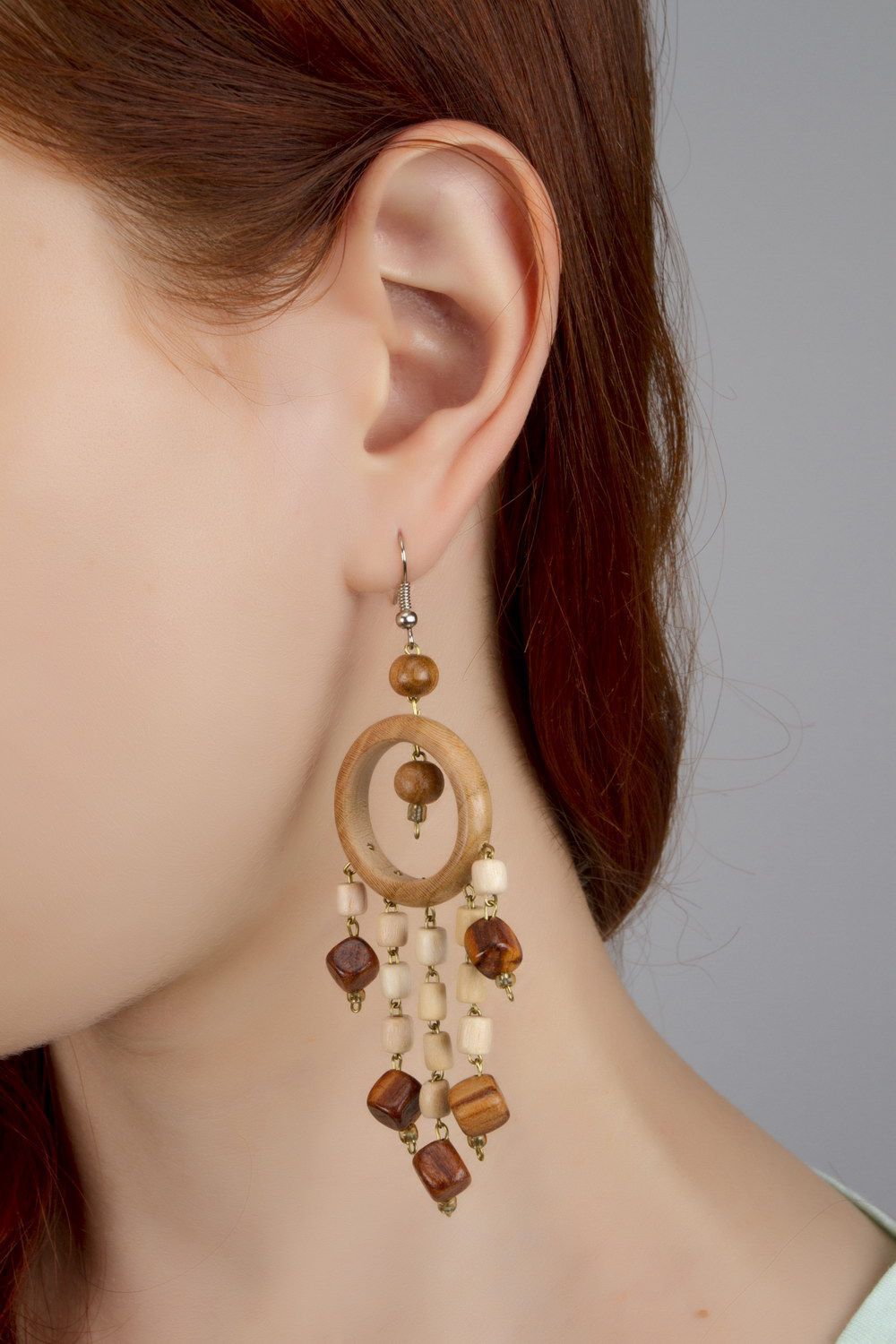 Long wooden earrings in ethnic style photo 4