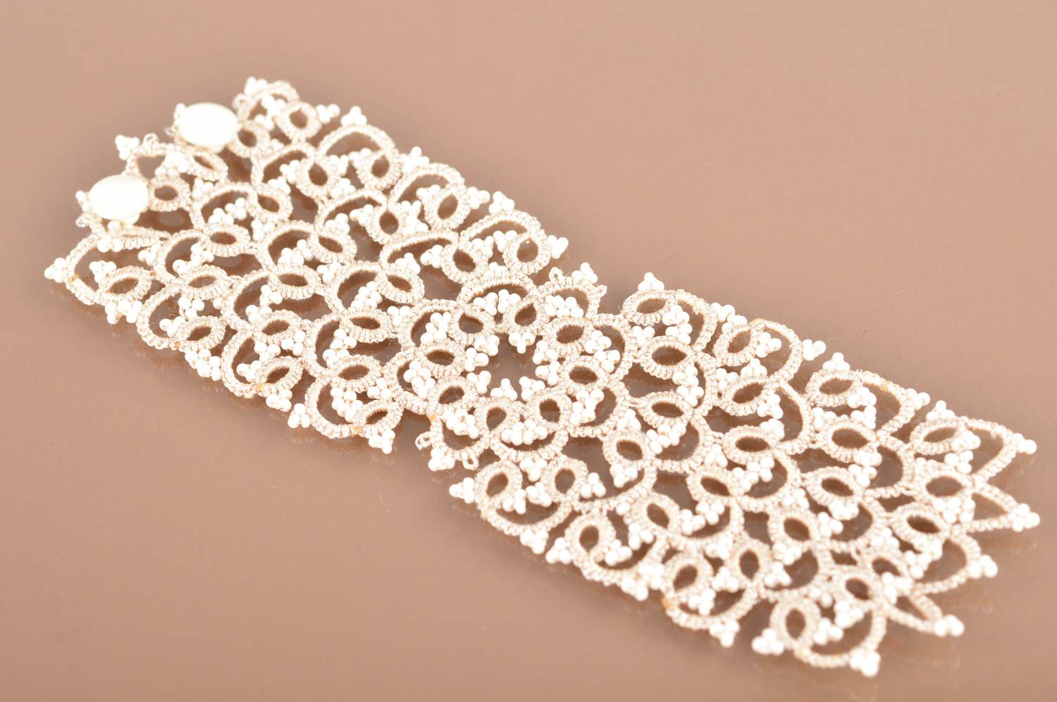 Unusual beautiful handmade designer tatting lace bracelet with beads Beige photo 2