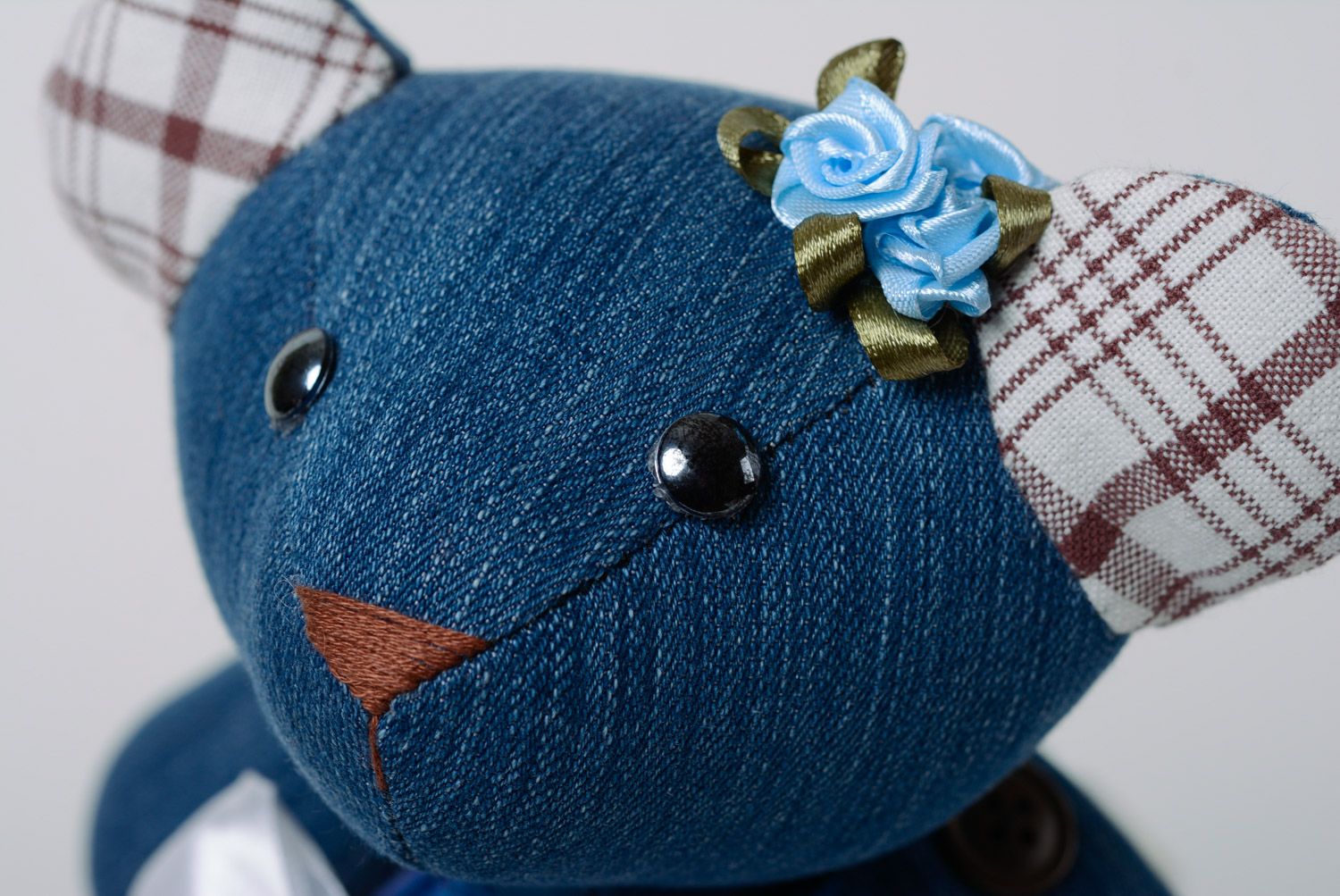 Beautiful handmade designer denim fabric soft toy bear of blue color photo 2