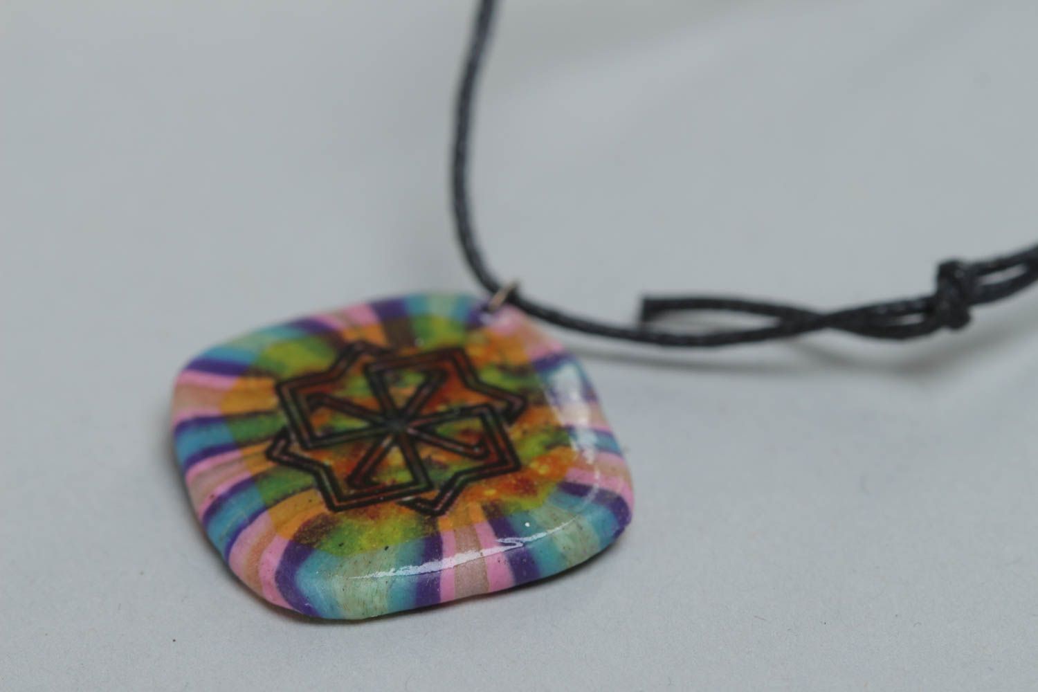 Handmade bright motley polymer clay pendant necklace with ornament on cord photo 3