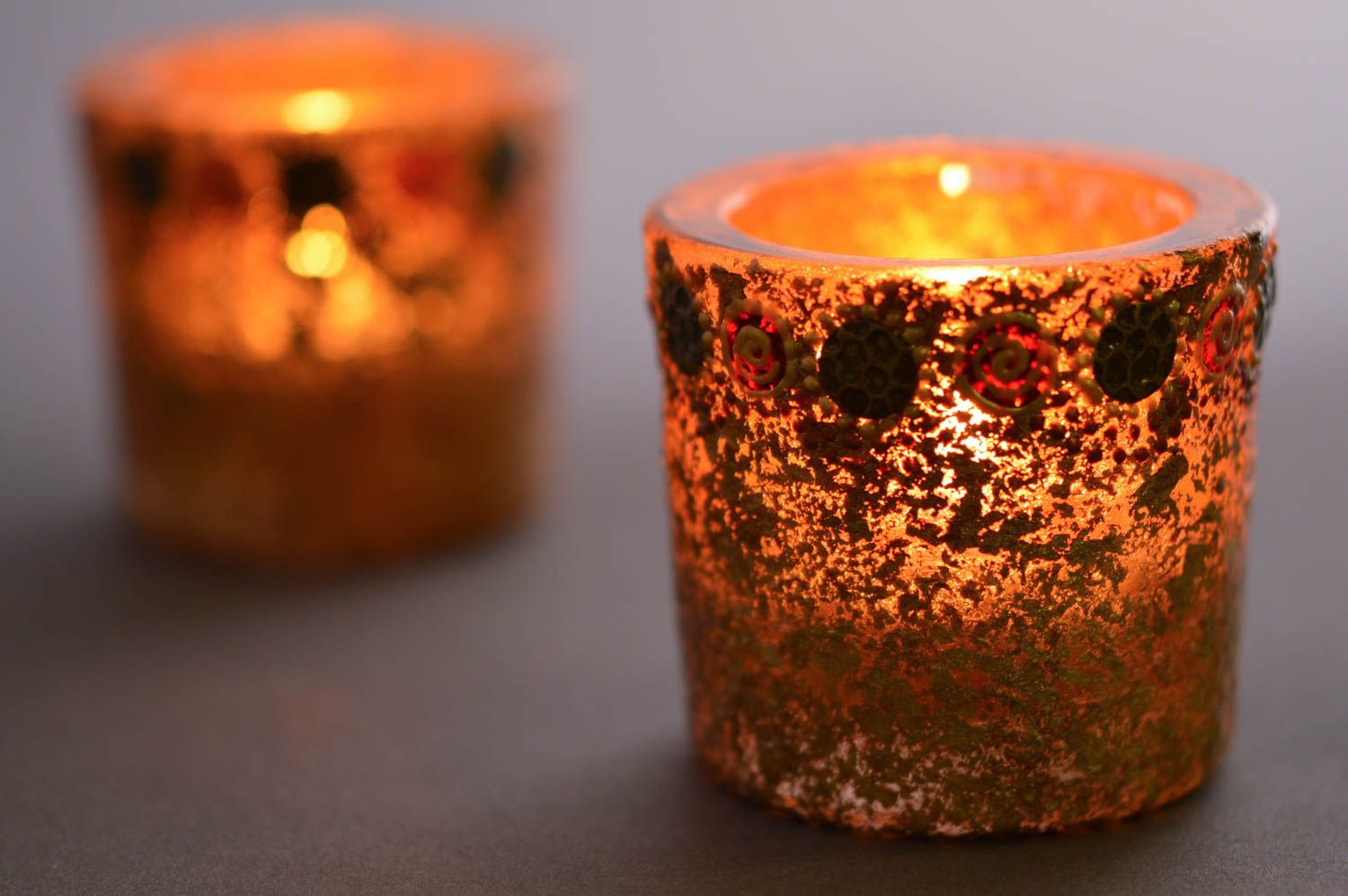 Handmade stylish small goldish beautiful glass candlestick with ornament photo 1