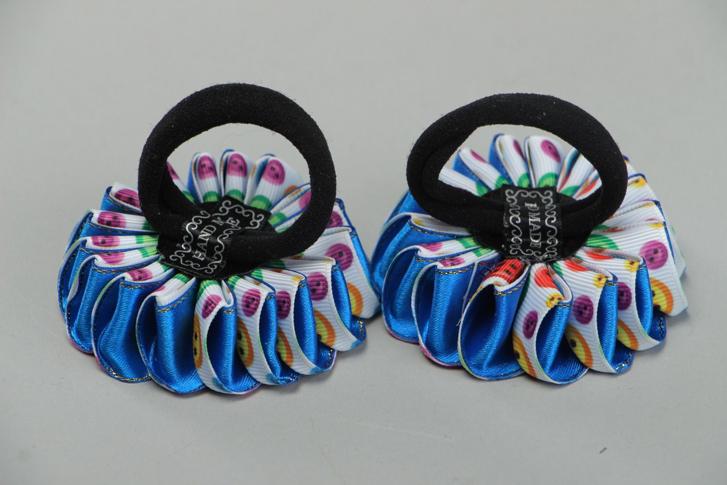 Set of colorful handmade hair ties with kanzashi flowers for little girls 2 items photo 3