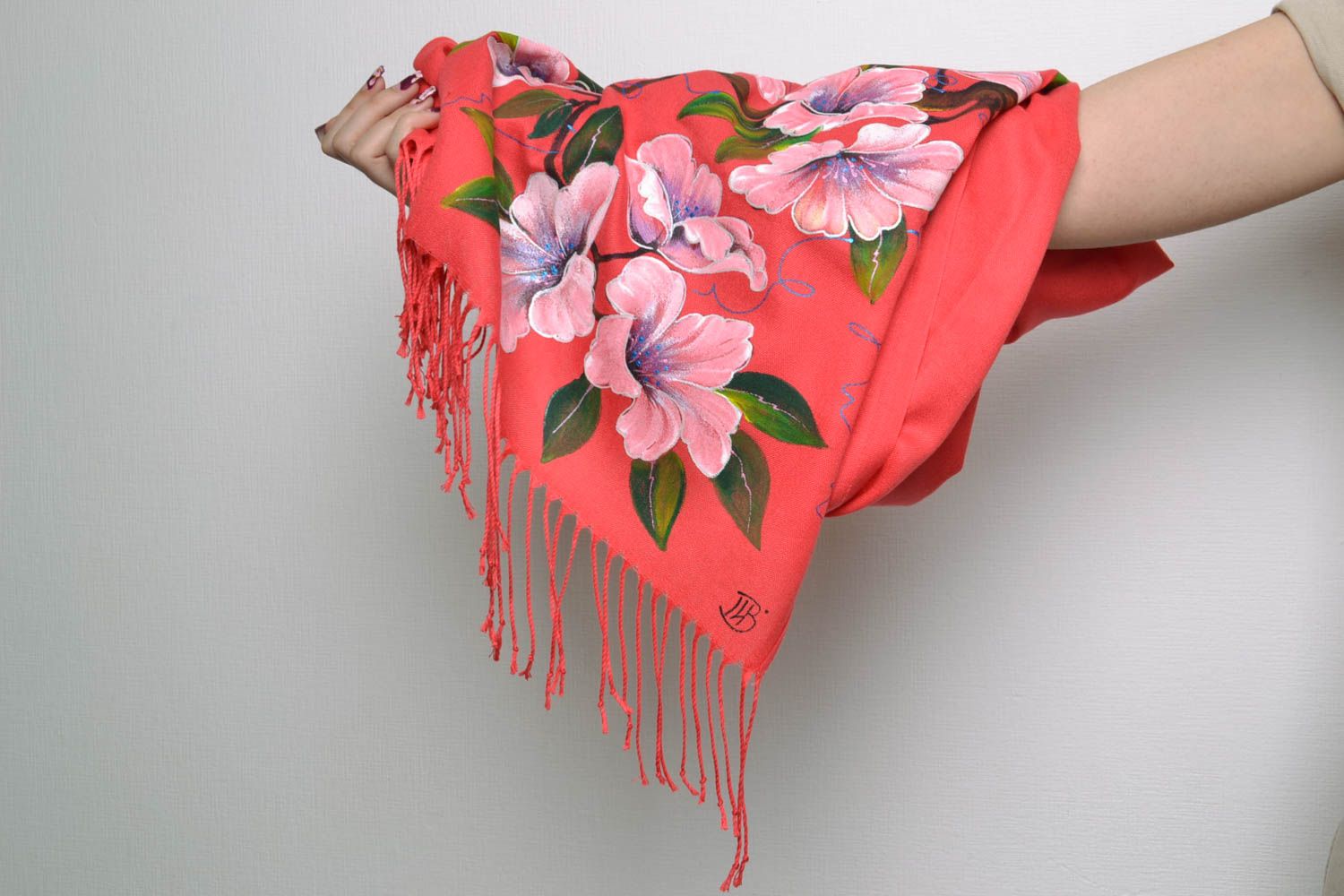Warm coral cashmere scarf with painting photo 5