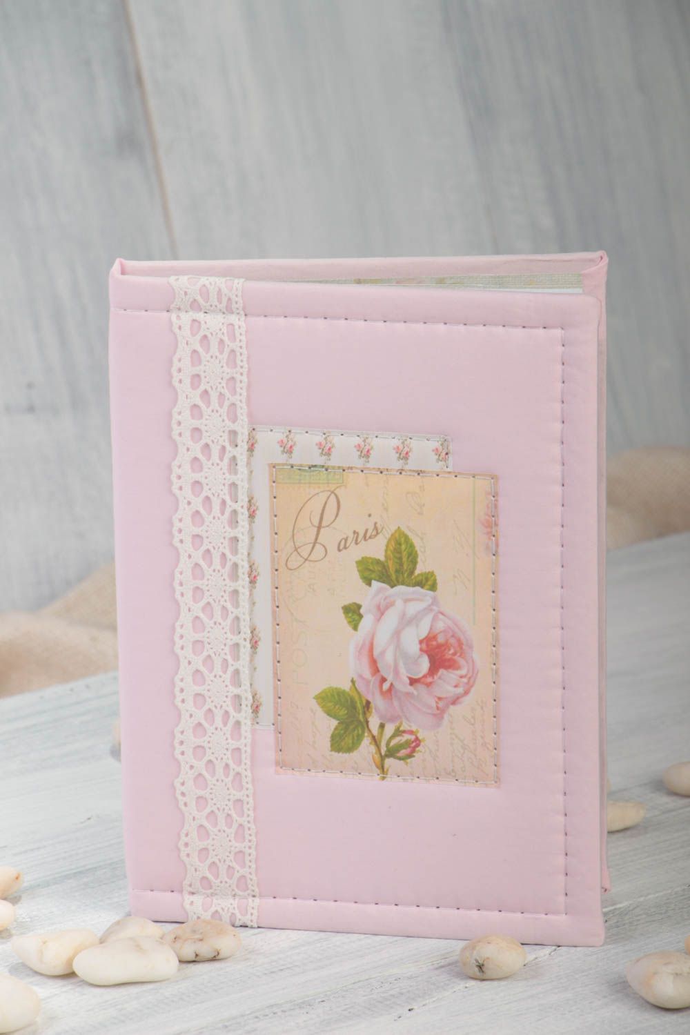 Handmade Notizblock in Rosa mit Stoff Hülle Spitze mit Rose Muster Notizbuch foto 1