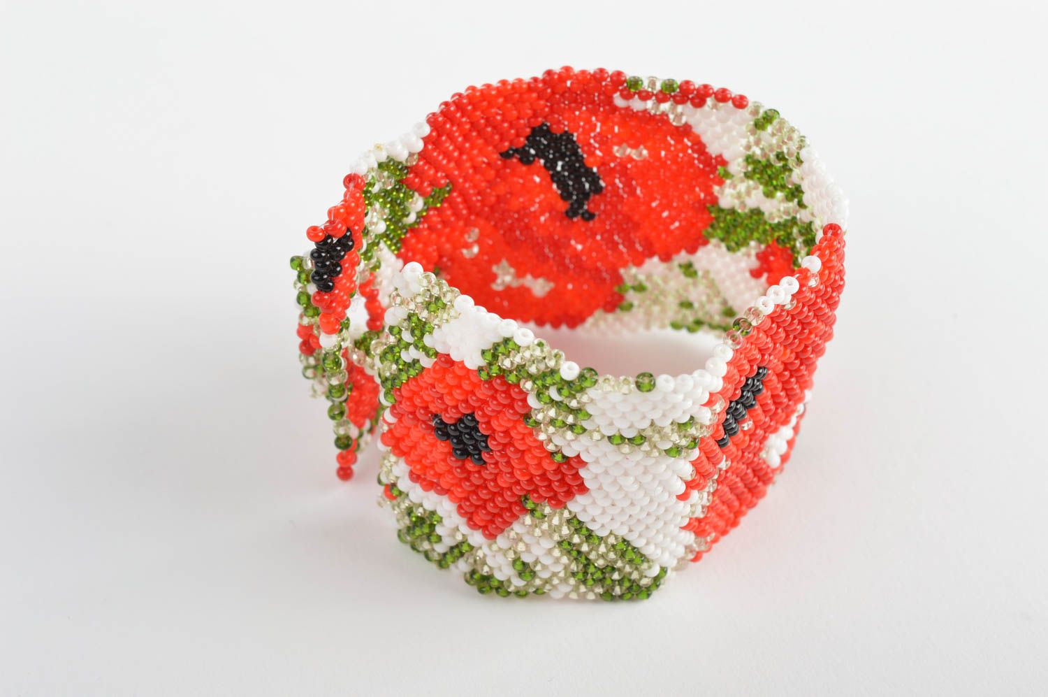 Handmade designer wide bead woven cuff bracelet with red poppies ornament photo 5