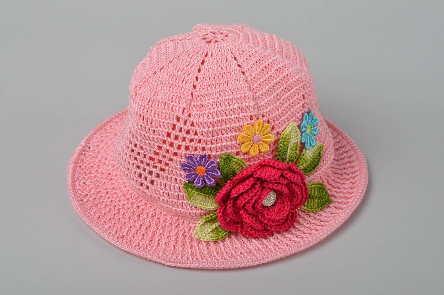Вязаная шляпа ручной работы детская шляпа розовая головной убор краисвый фото 2