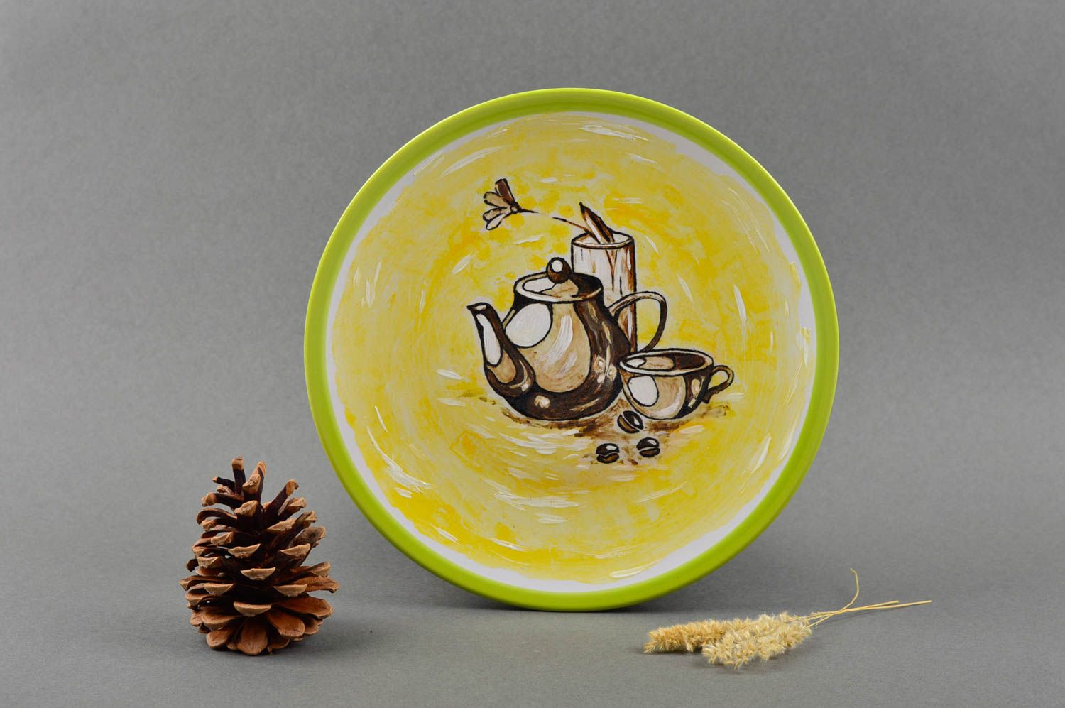 Керамическая тарелка ручной работы глиняная посуда расписная тарелка желтая фото 1