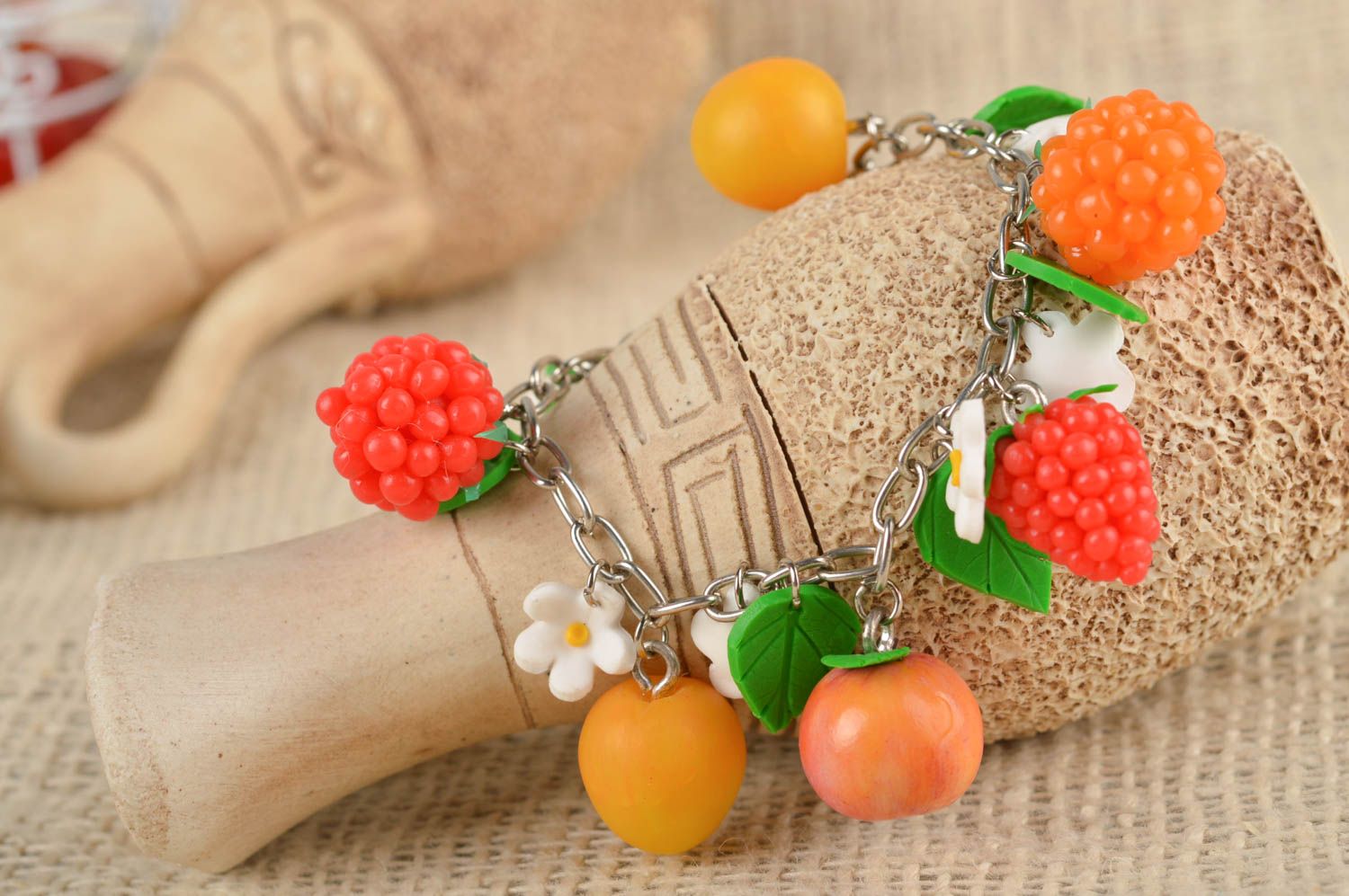 Handmade plastic bracelet with berries bracelet with charms made of polymer clay photo 1