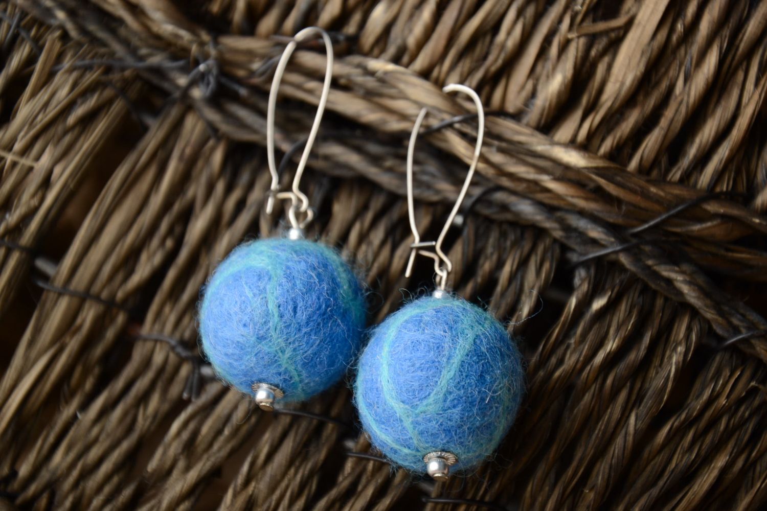 Felted wool earrings Blue Balls photo 1