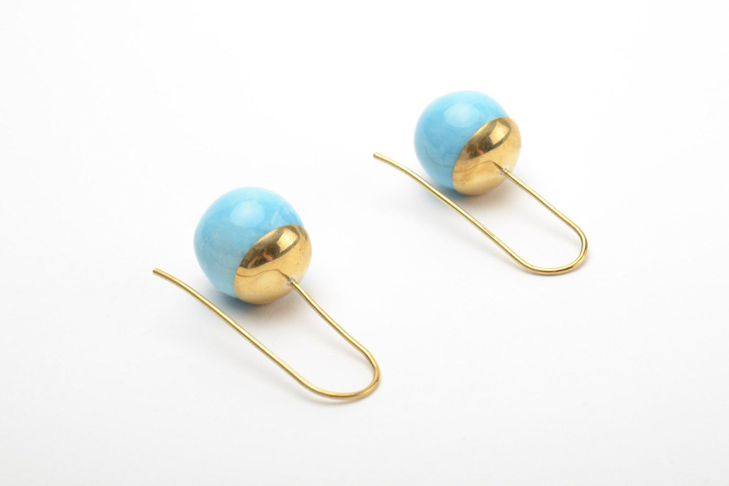 Women's handmade blue ceramic ball earrings in brass frame photo 3