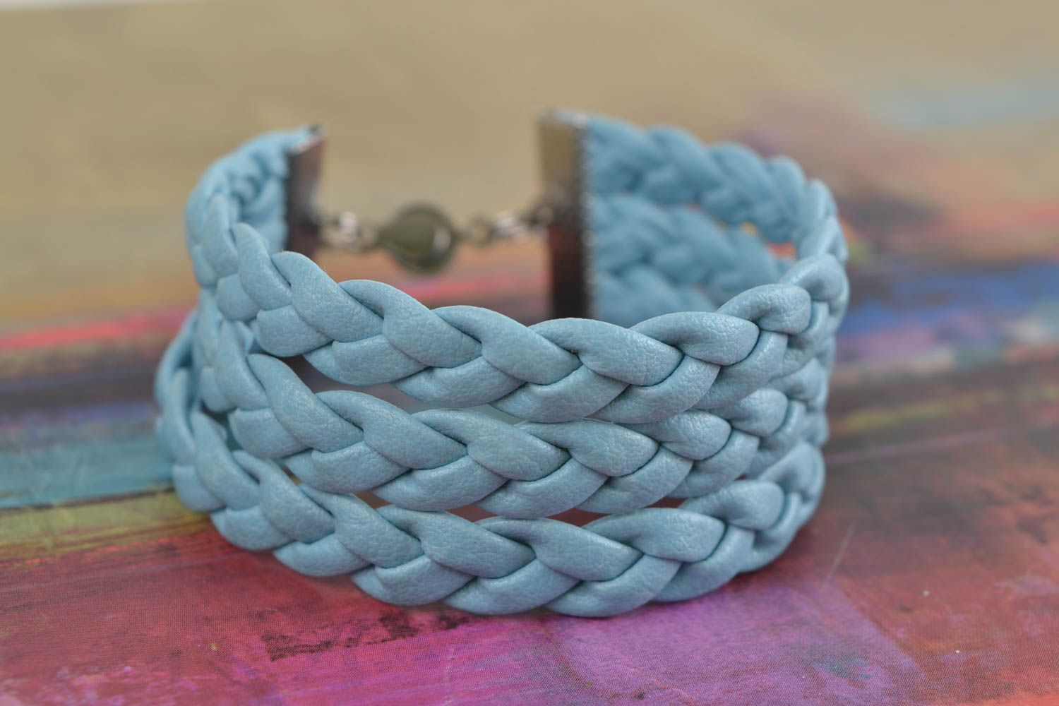 Handmade stylish wide blue braided faux leather wrist bracelet photo 1
