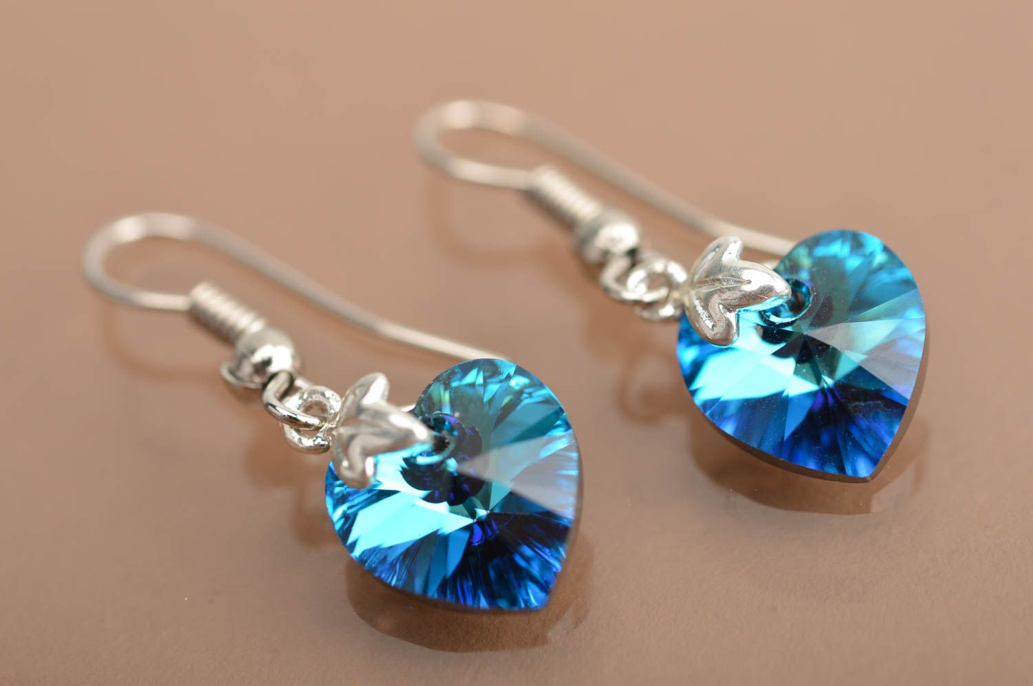 Handmade stylish earrings with Austrian stones and strasses blue hearts photo 2
