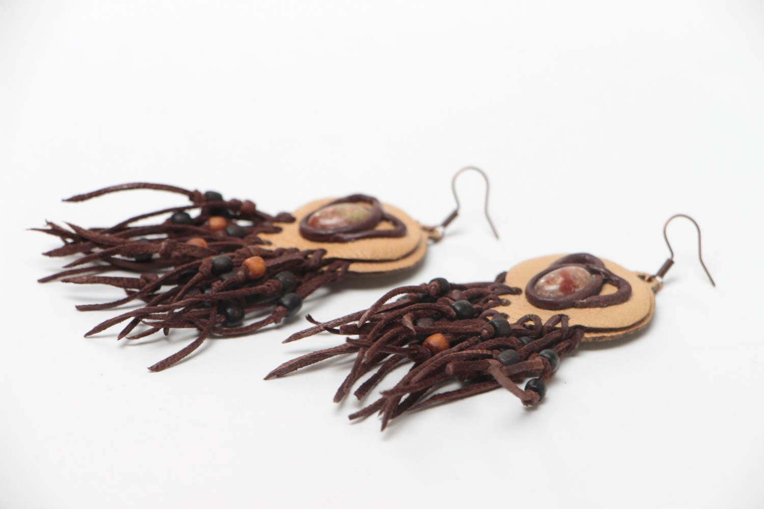 Handmade long brown and beige leather dangle earrings with natural jasper stone photo 3