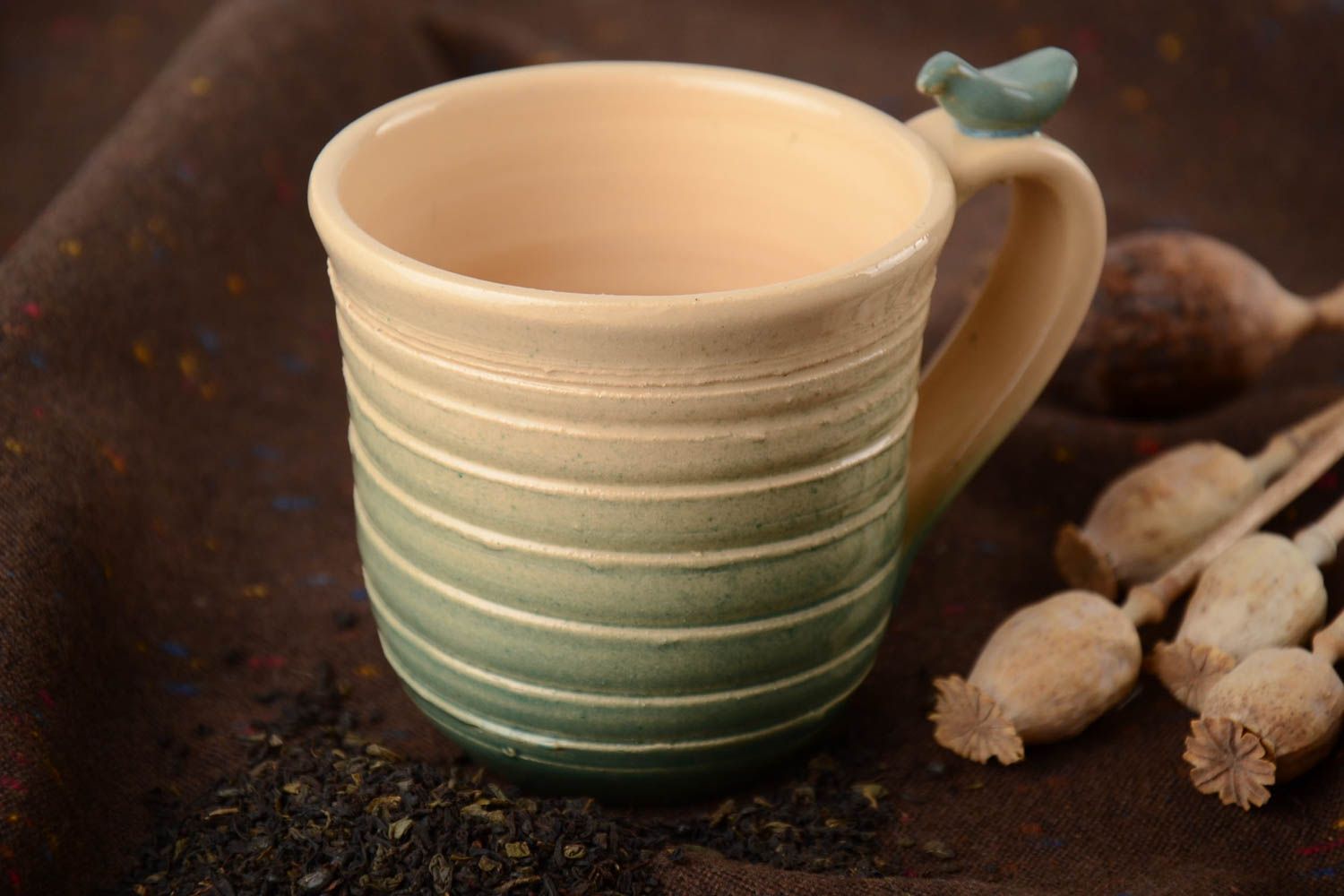 10 oz porcelain ceramic drinking cup in yellow and light blue color with handle. Great gift for a girl.  photo 1