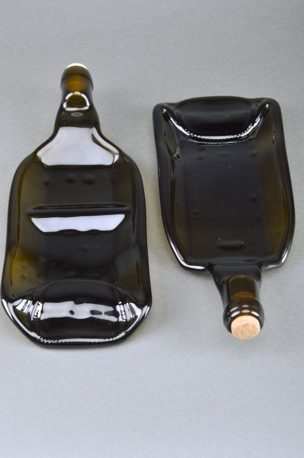 Handmade dark melted glass wine bottle cheese plates 2 items for table setting photo 5