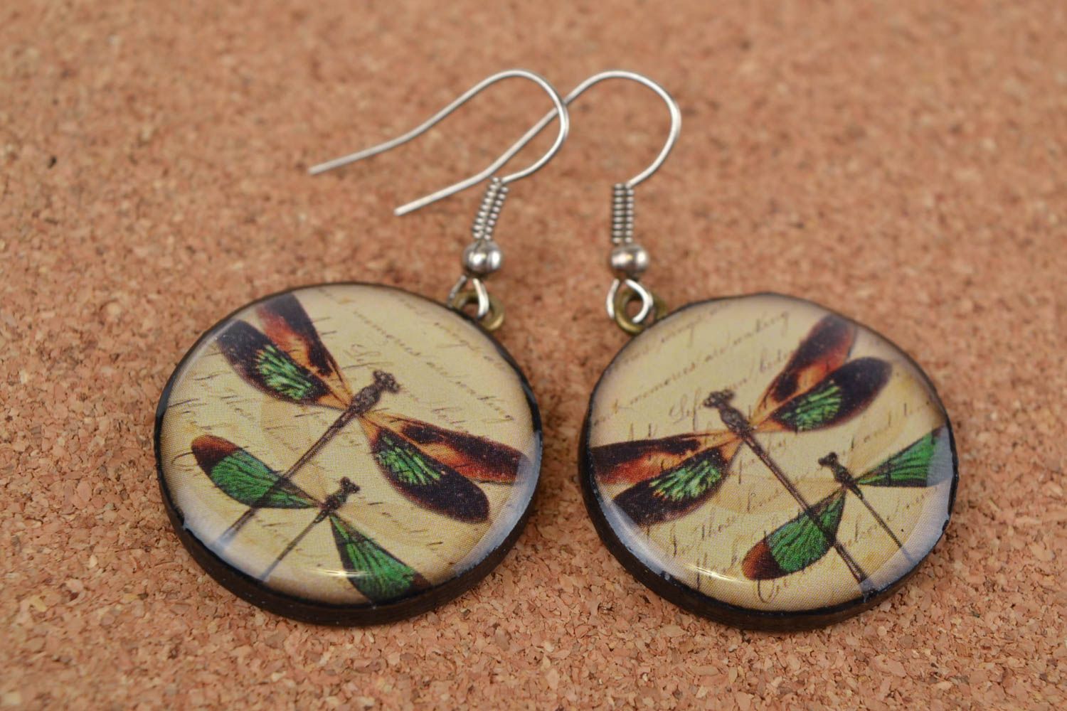 Handmade polymer clay decoupage round earrings with epoxy resin Dragonflies  photo 1