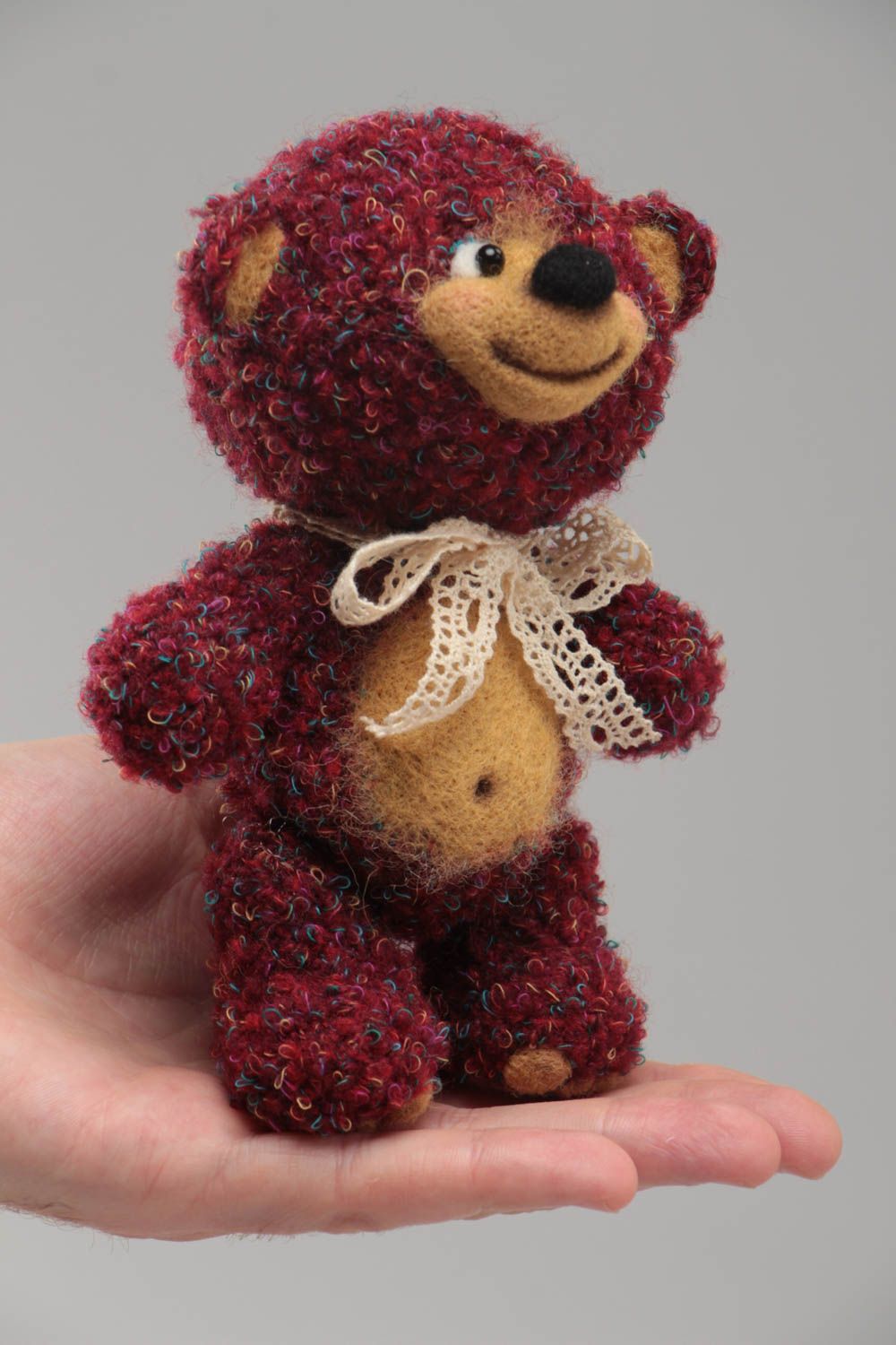 Handmade small soft toy crocheted of textures yarns and wool Bear for children photo 5
