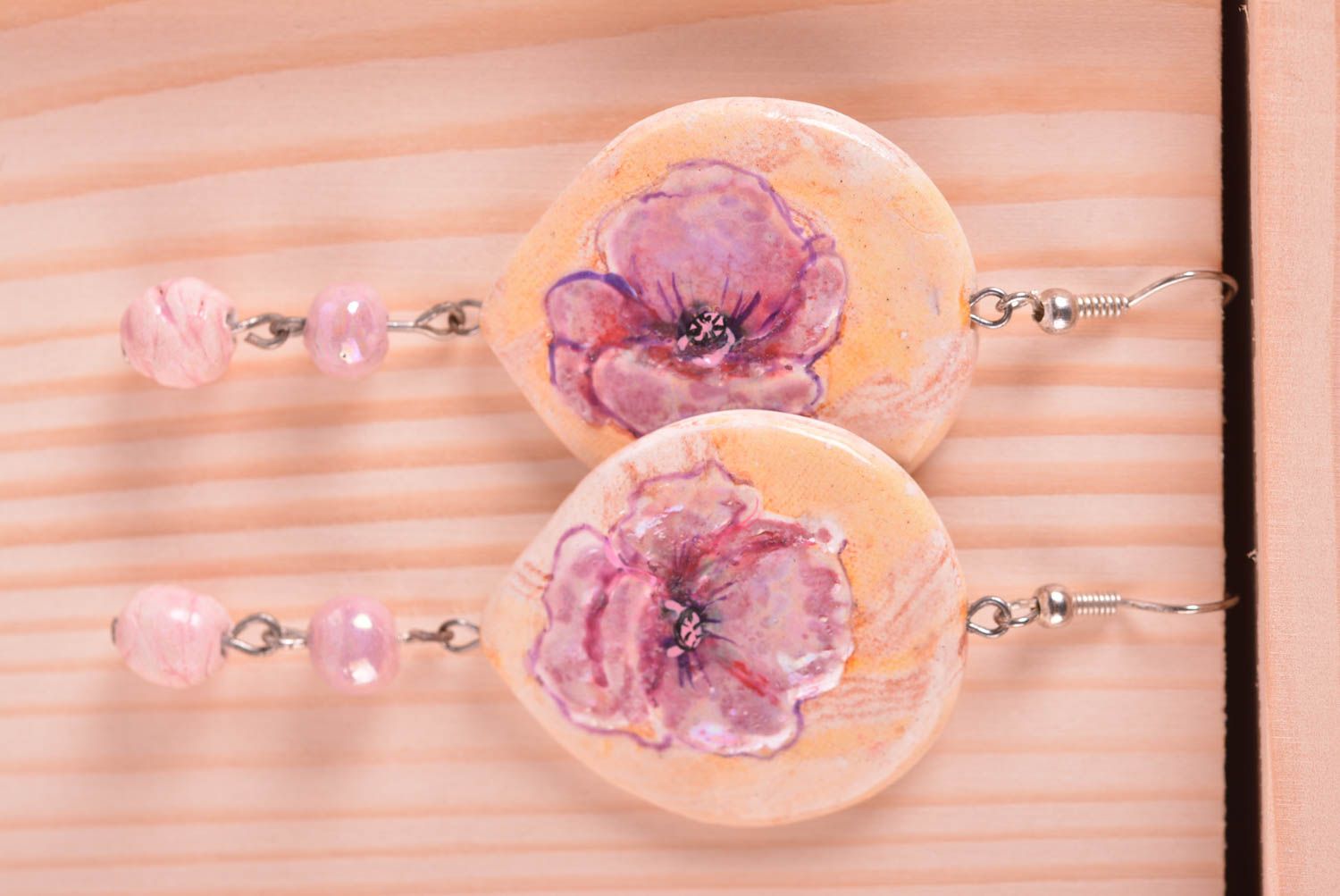 Jewelry handmade earrings long earrings with painted flowers designer gift photo 4