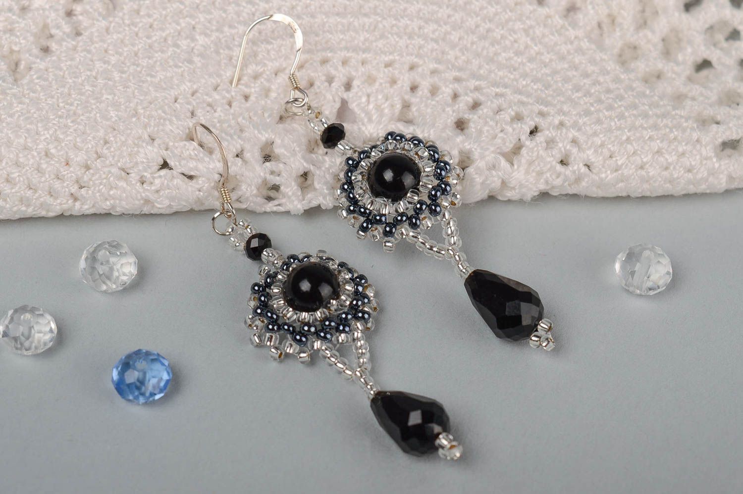 Evening earrings handmade black earrings crystal earrings designer accessories photo 1