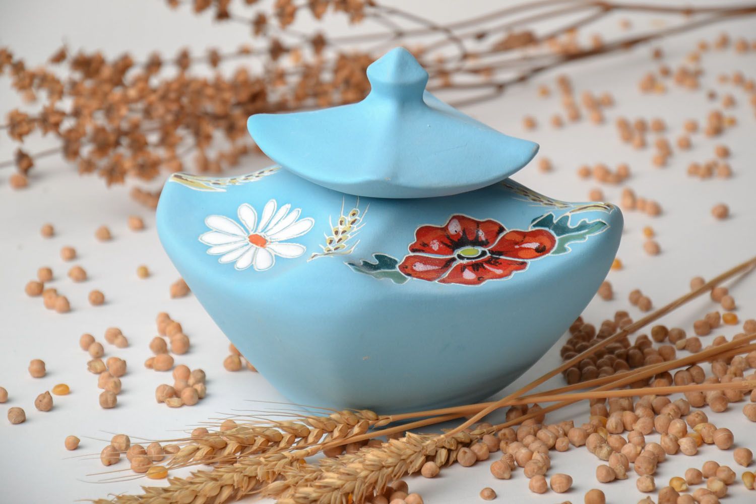 Blue ceramic sugar bowl with painting photo 1