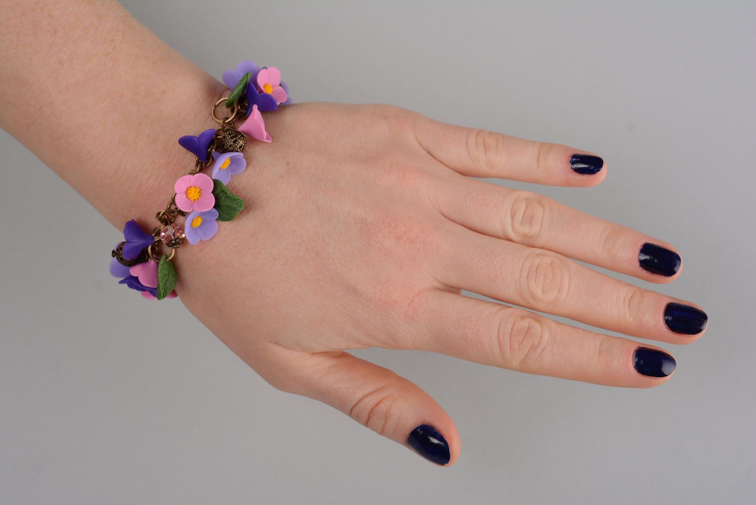 Dark blue, light blue, pink lilac flowers' bracelet for a girl photo 5