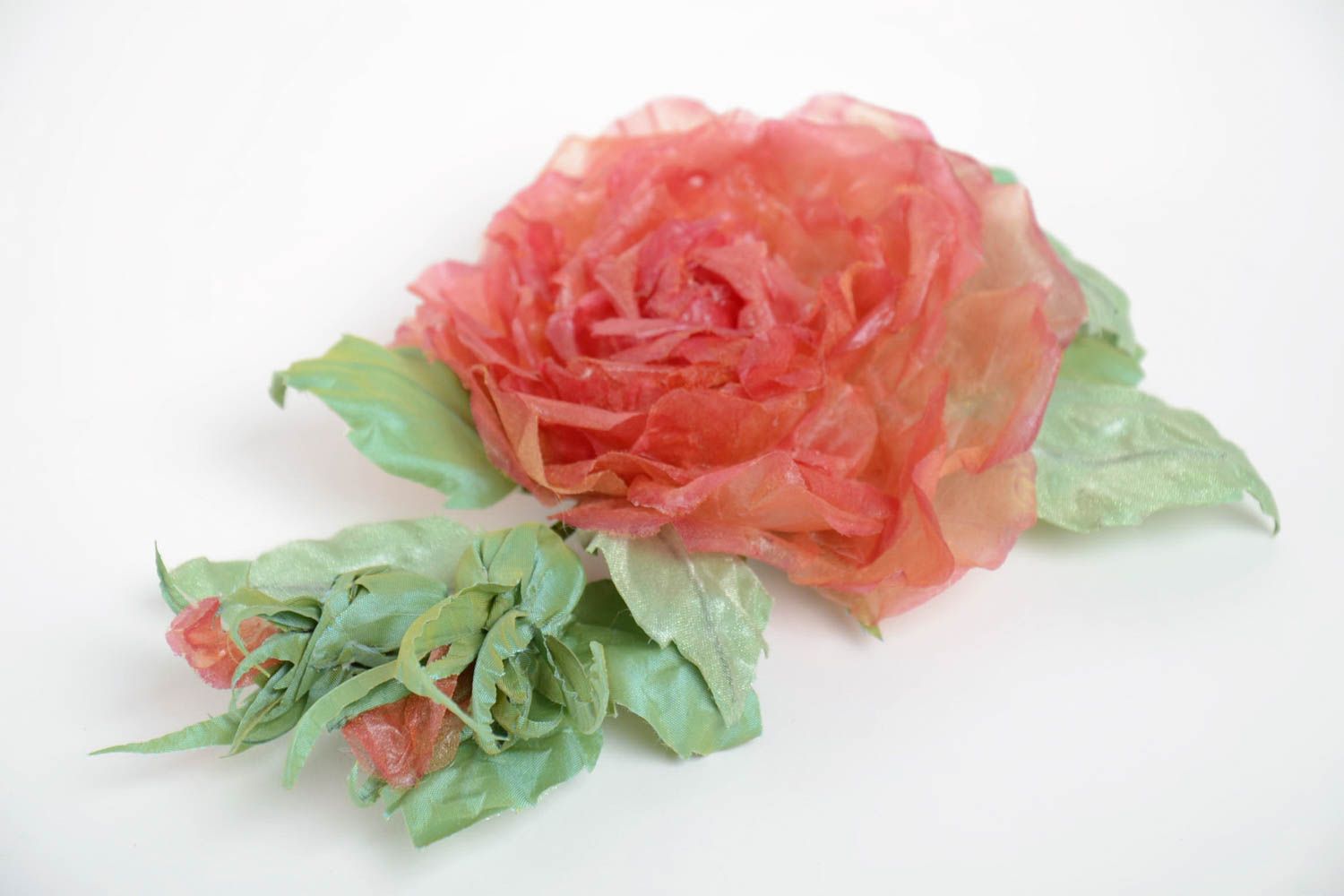 Handmade designer hair clip brooch with large volume red organza flower photo 5