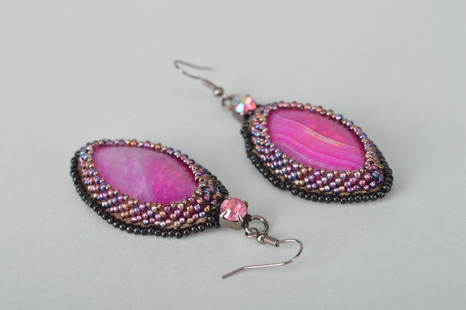 Handmade elegant accessory lilac designer earrings jewelry with agate photo 1