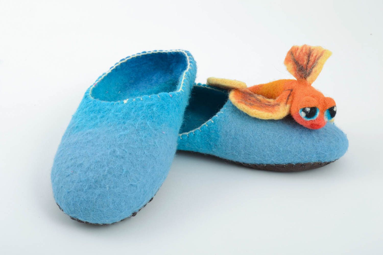 Blue handmade designer felted wool slippers with volume toy fish photo 2