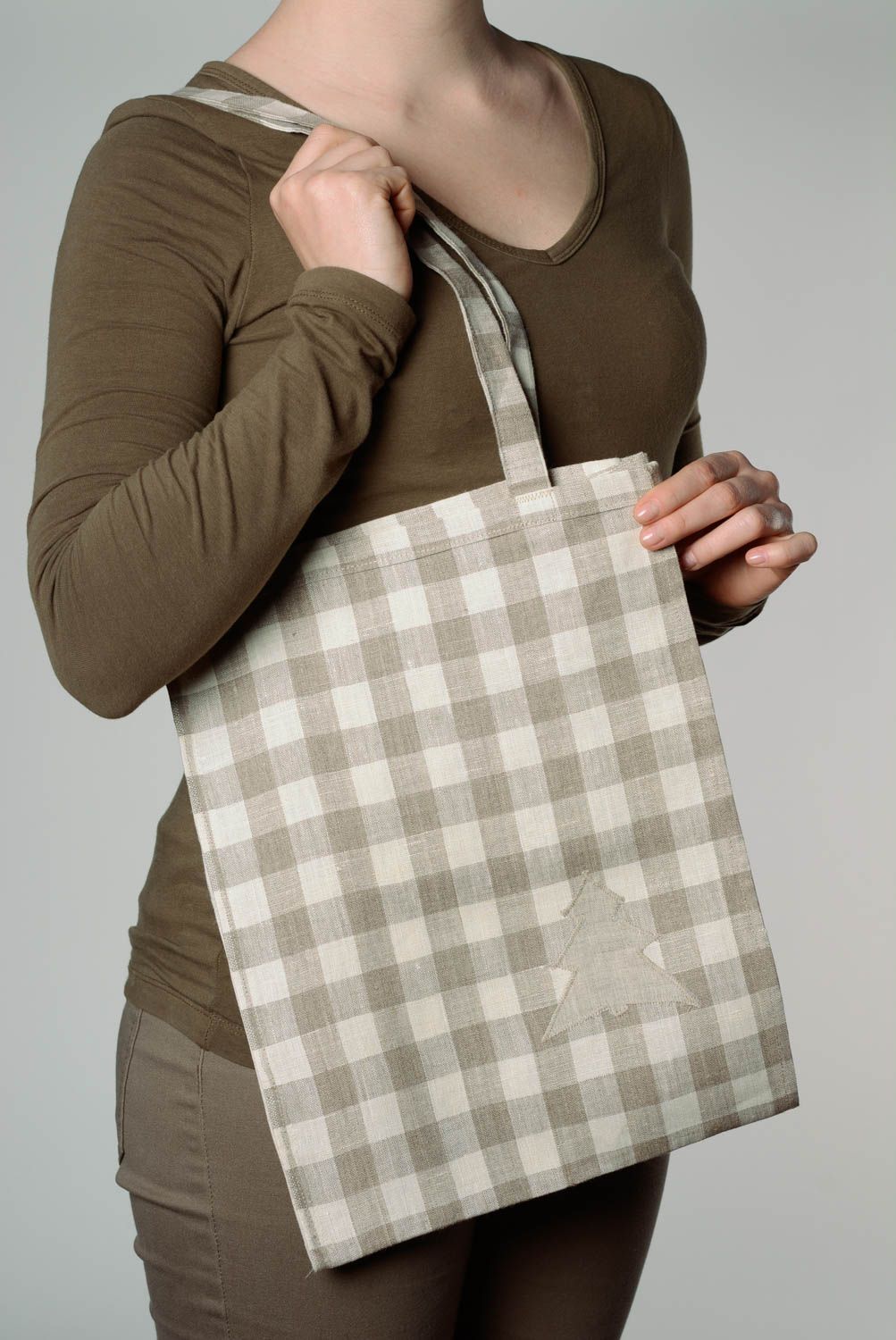 Handmade light checkered linen fabric small eco bag for women photo 3