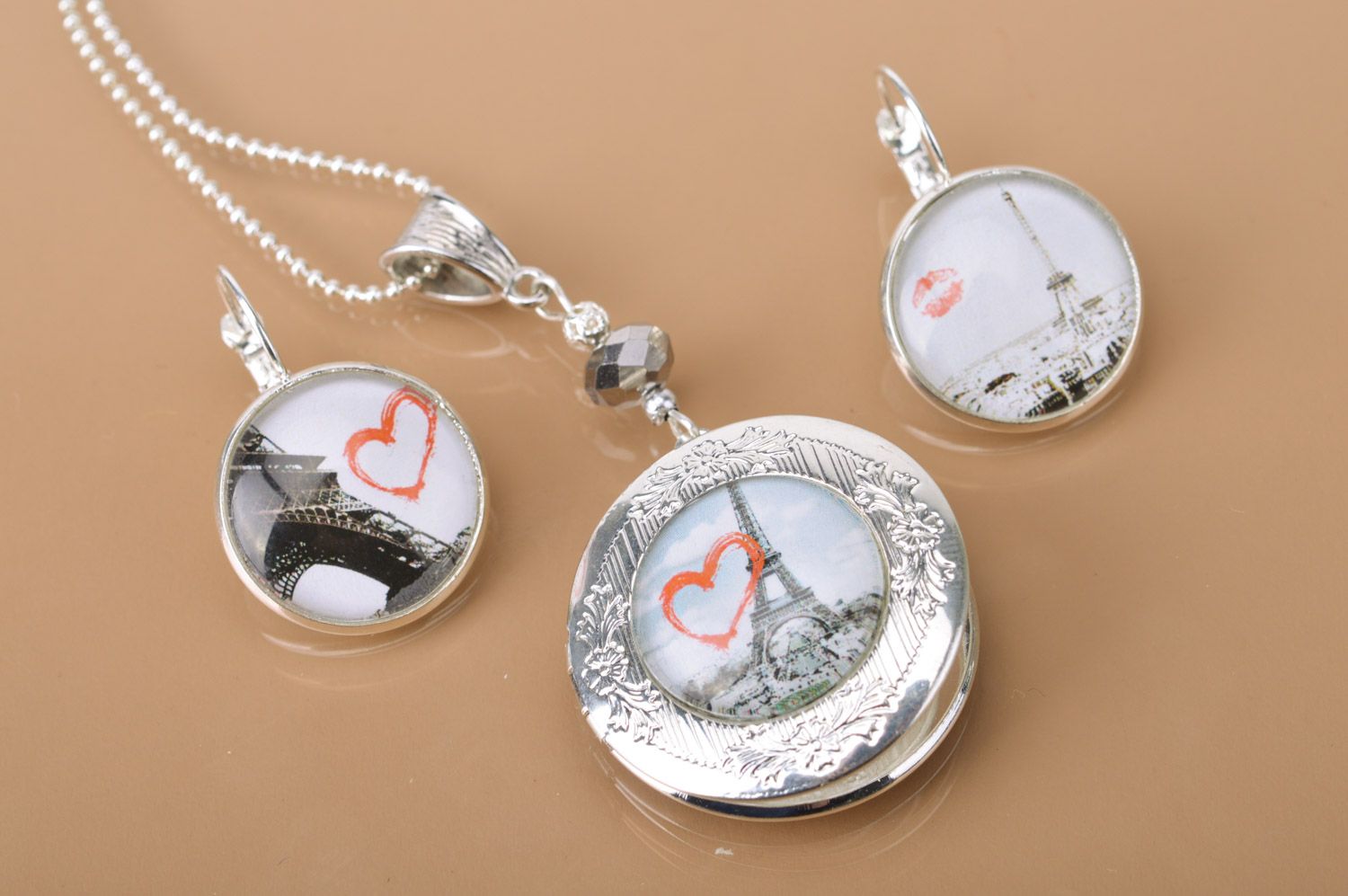 Handmade set of metal jewelry earrings and pendant with photo for girls photo 2