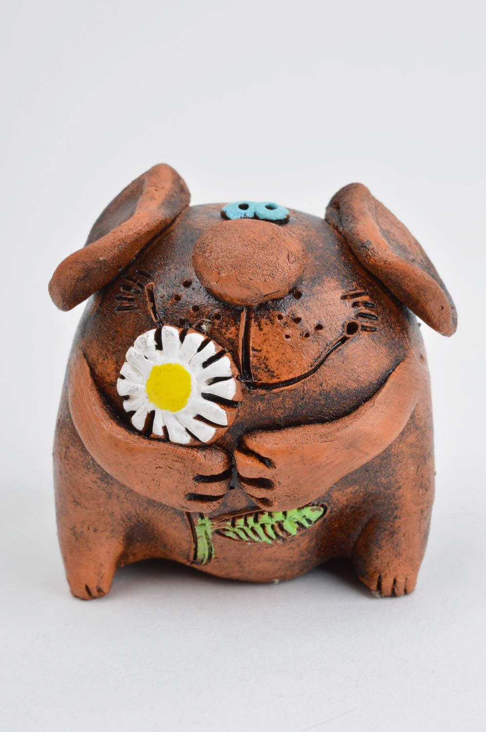 Handmade Wohnzimmer Deko Kinder Geschenk Keramik Figur Hund mit Kamille lustig foto 3