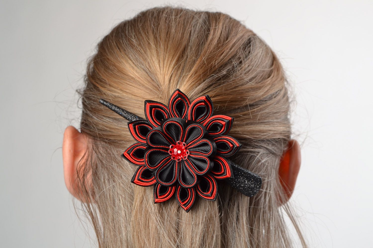 Black and red designer kanzashi flower hair clip hand made of satin and rep ribbons photo 1