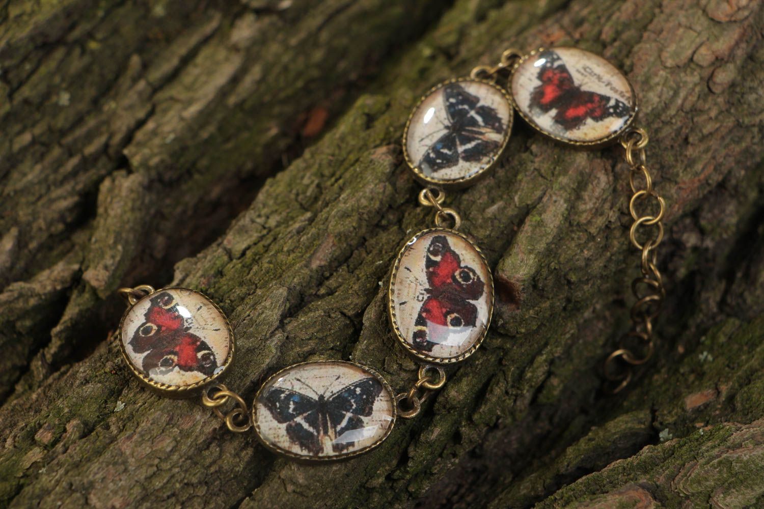 Handmade vintage designer wrist bracelet with glaze elements Butterflies photo 1