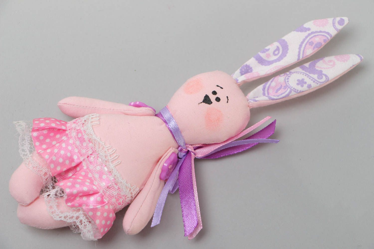 Handmade soft toy sewn of cotton fabric Pink rabbit with long ears and skirt photo 2