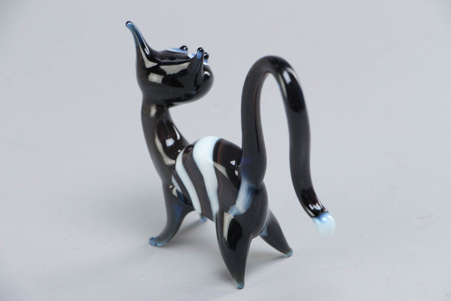 Handmade collectible lampwork glass miniature figurine of black and white cat photo 4
