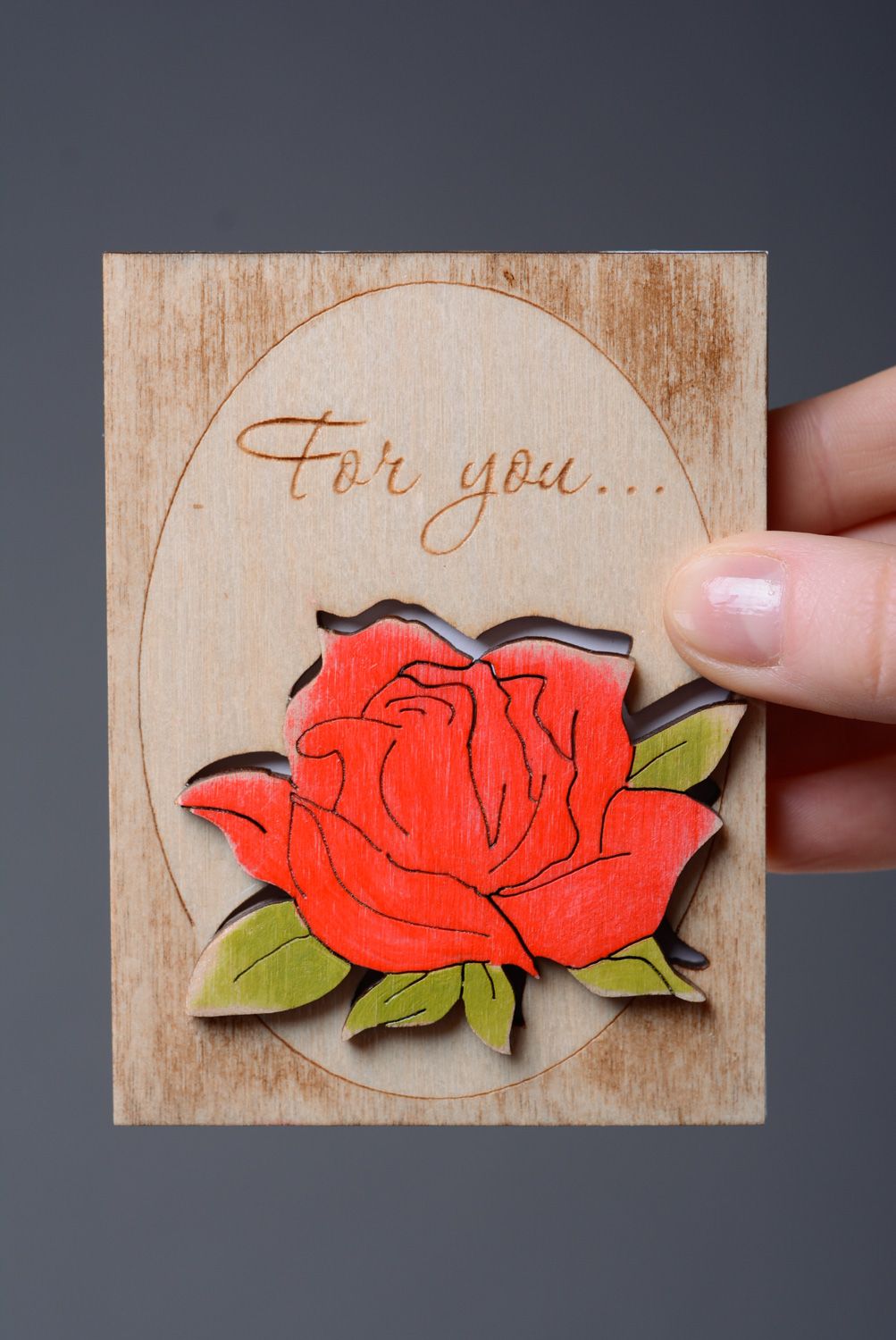 Belle carte de voeux en contreplaqué avec rose rouge originale faite main photo 4