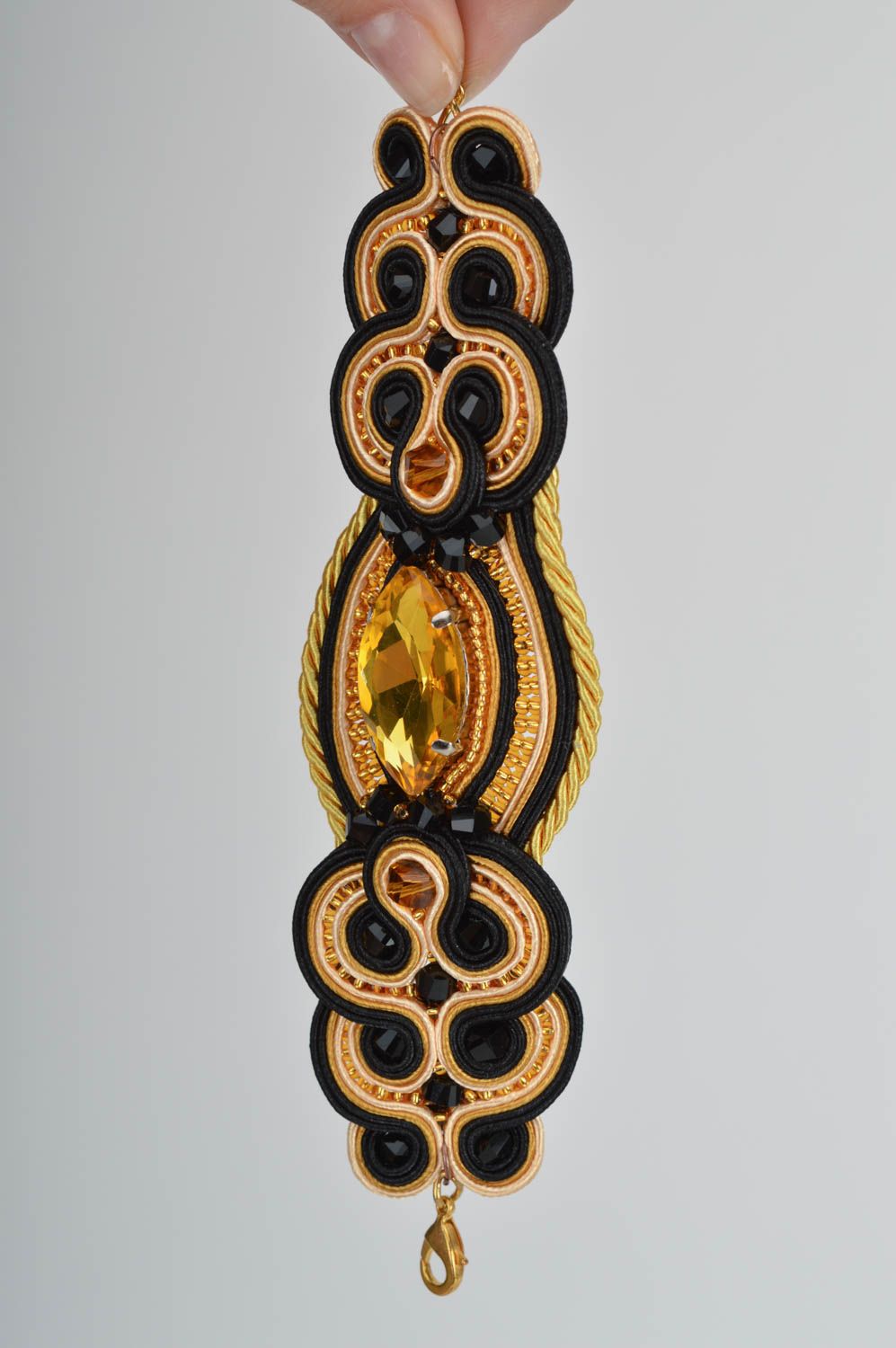 Beautiful yellow handmade designer soutache wide bracelet with Czech beads photo 3