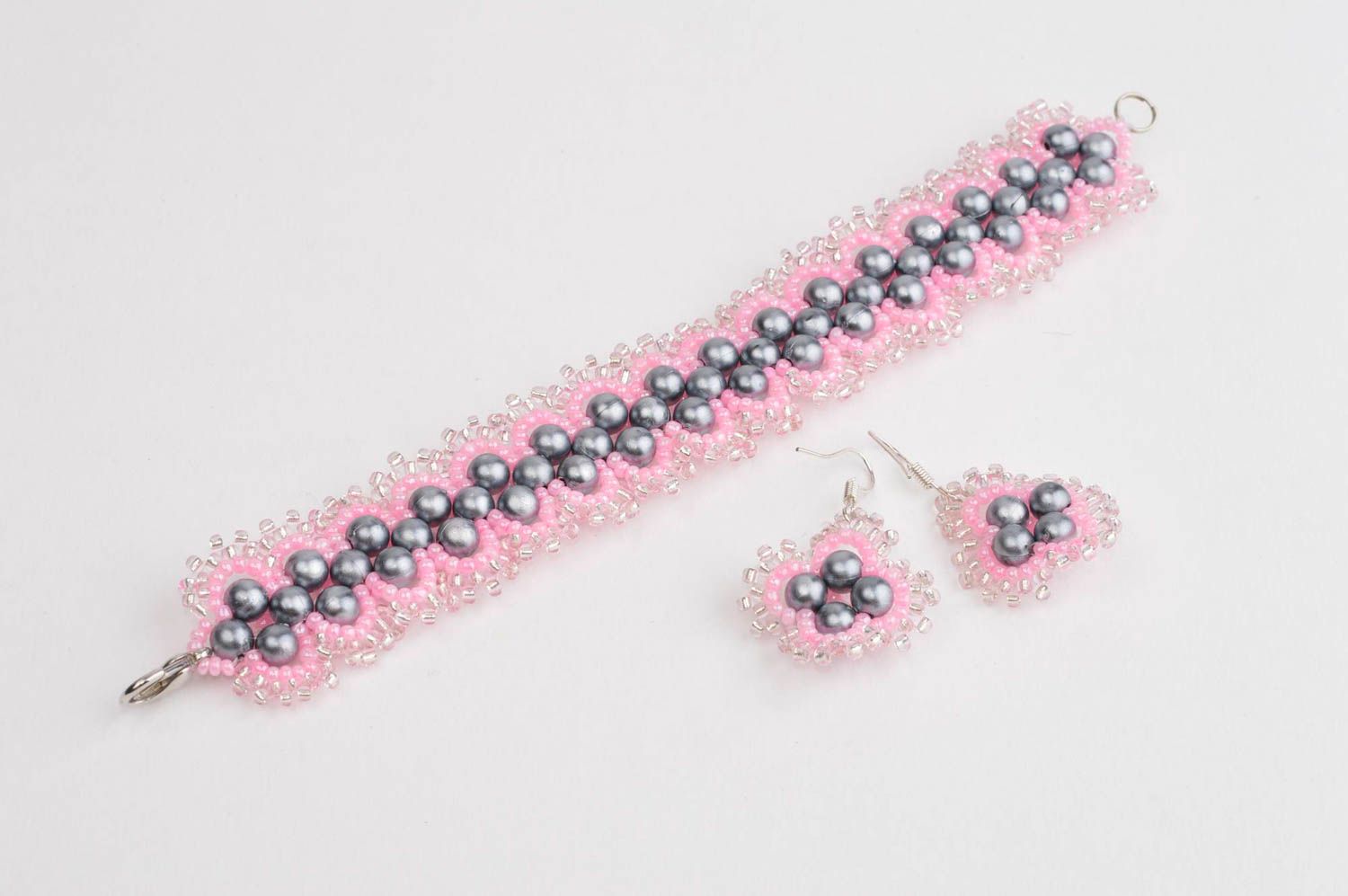 Pink earrings handmade jewelry set designer bracelet beaded accessories for her photo 3