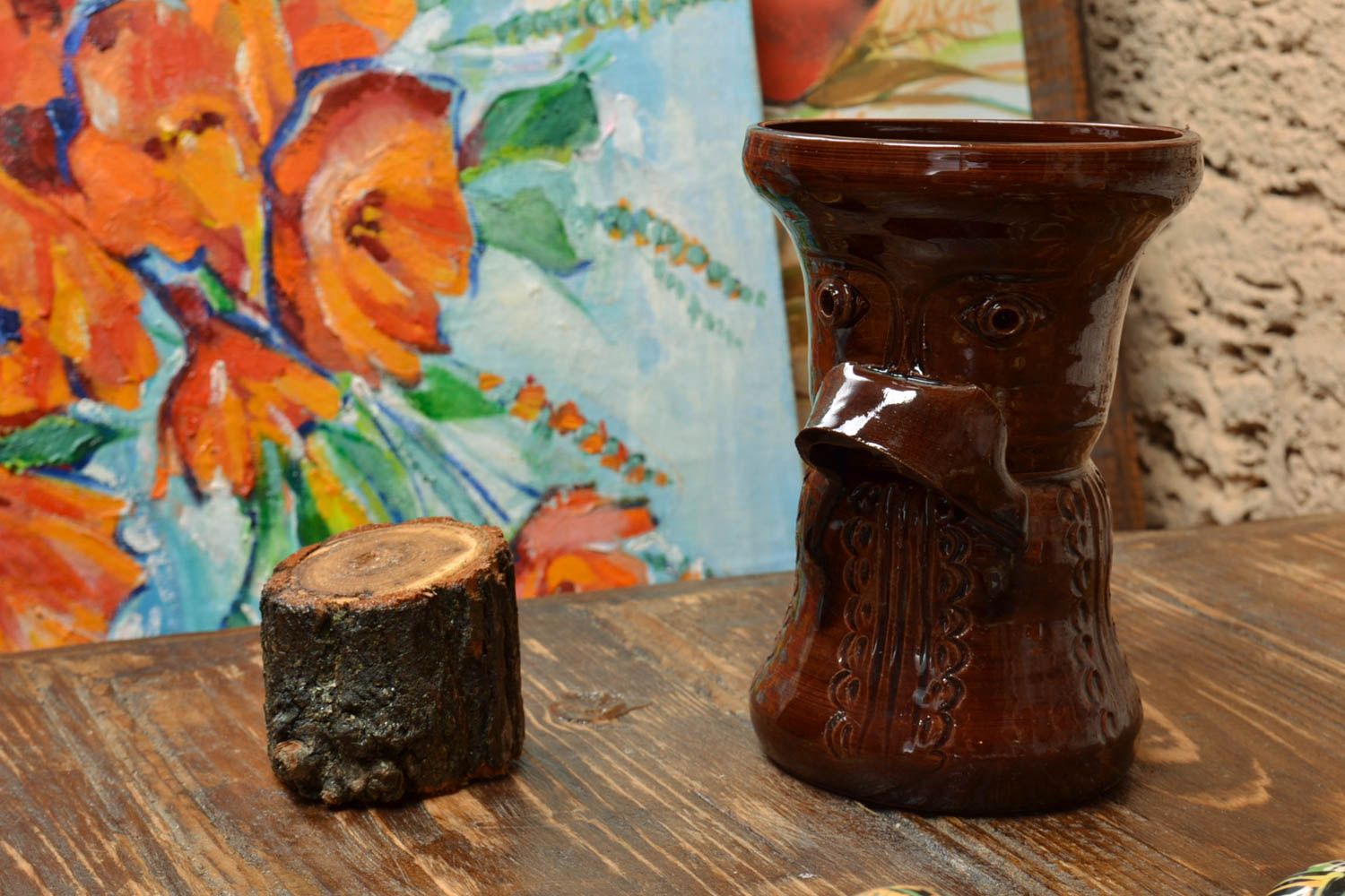 Декоративная ваза в этно стиле коричневая необычная глиняная ручной работы фото 1