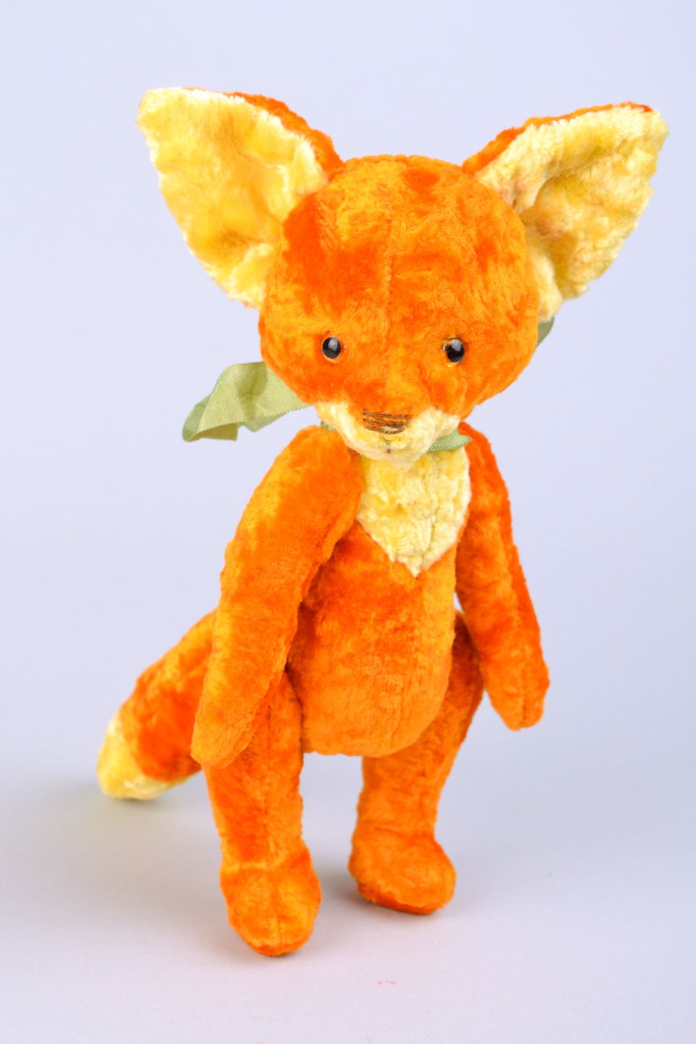 Handmade designer vintage soft plush toy fox of orange color with bow photo 3