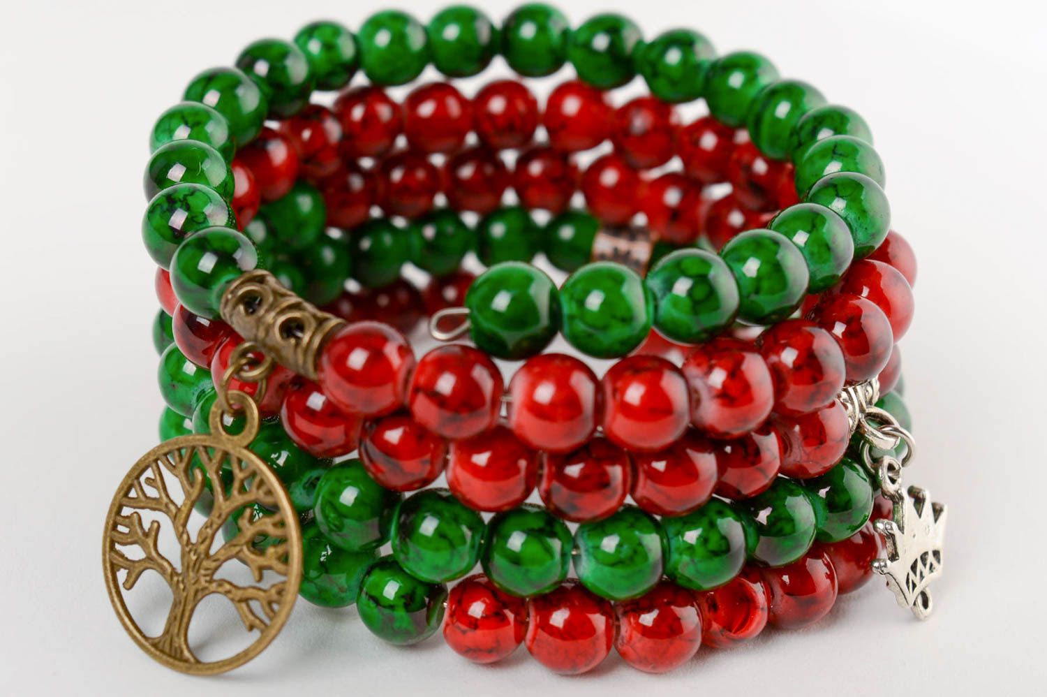 Handmade designer multi row red and green glass beaded wrist bracelet with charm photo 2