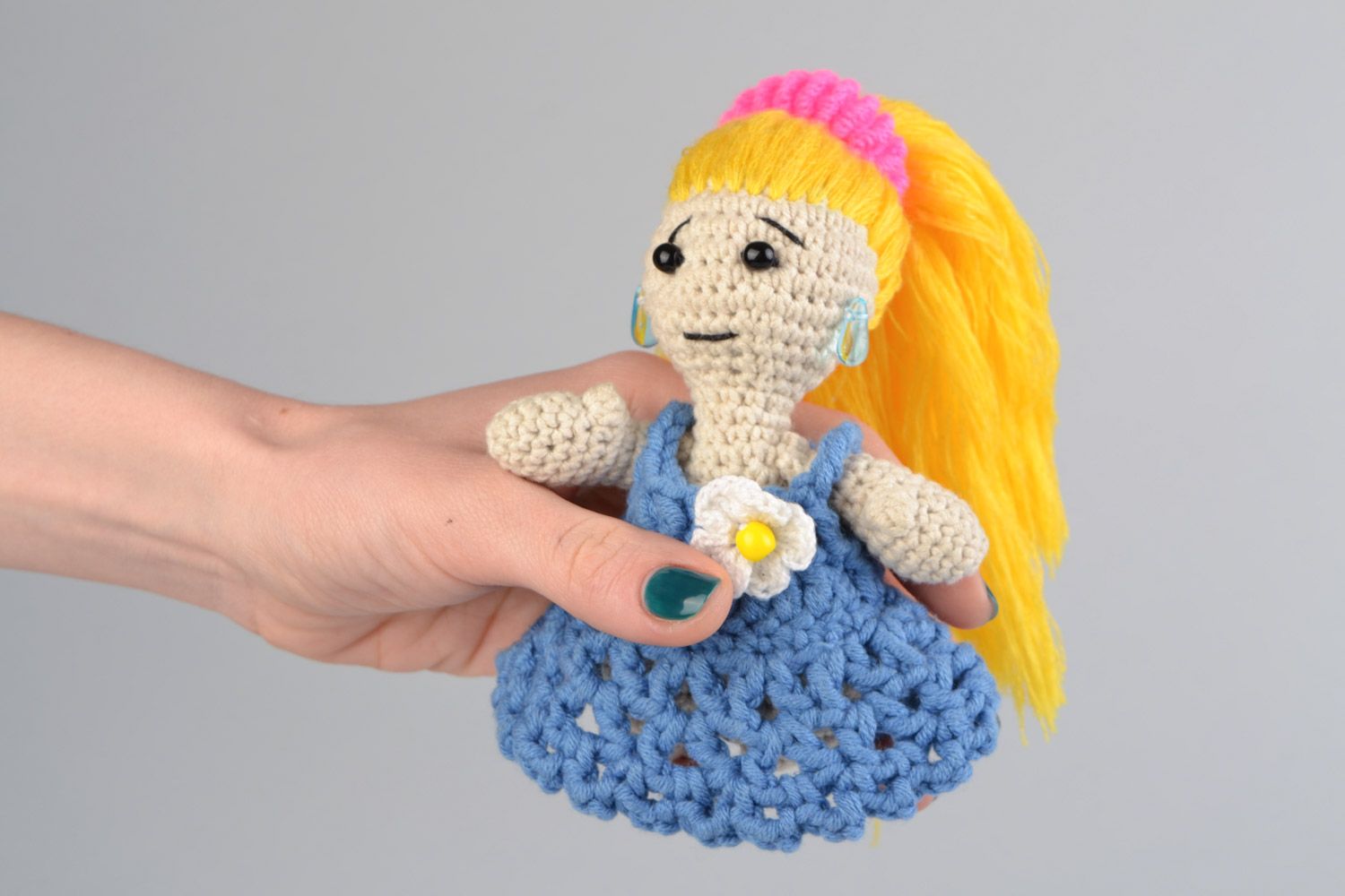 Handmade soft toy crocheted of cotton and acrylic threads Girl with long hair photo 2