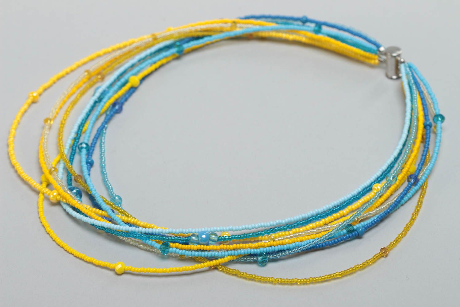 Yellow and blue bright handmade children's multirow beaded necklace photo 2