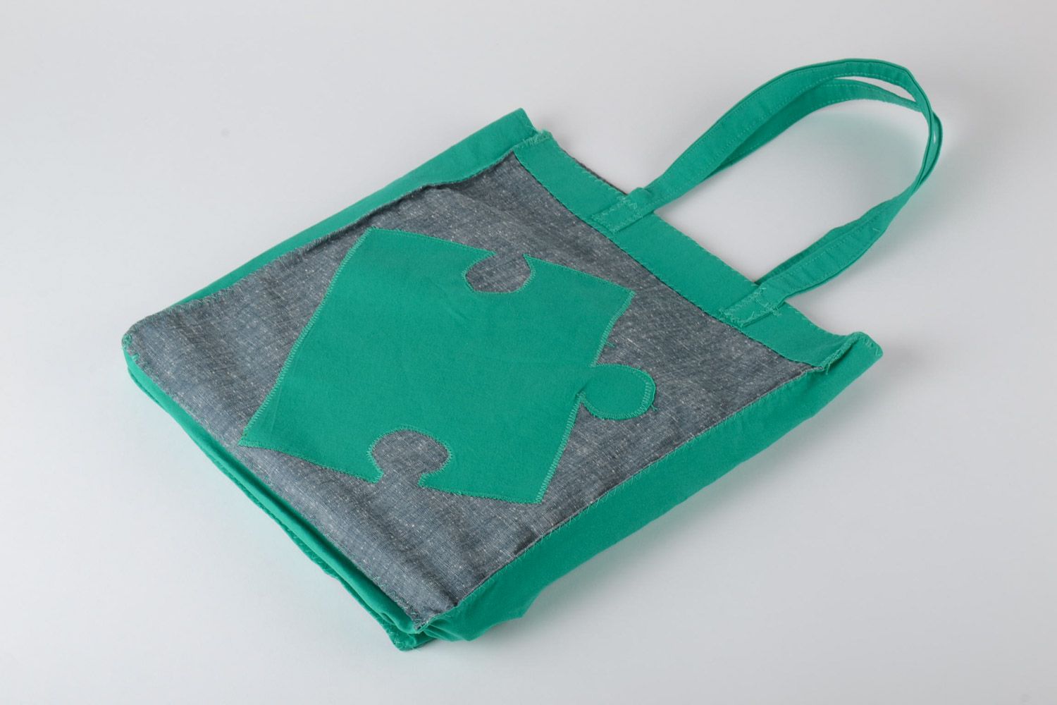 Gray and green handmade women's fabric bag with applique work photo 2