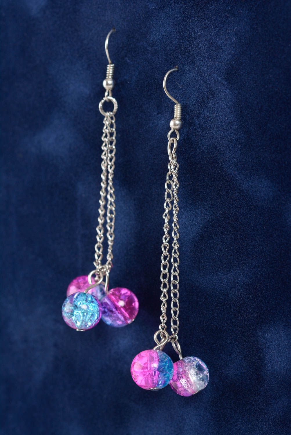 Handmade earrings with glass pink beads on long chains designer jewelry photo 2