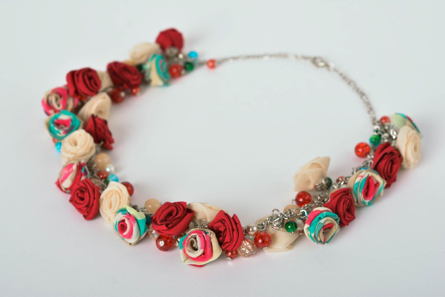 Unusual handmade fabric necklace flower earrings textile artisan jewelry set photo 4