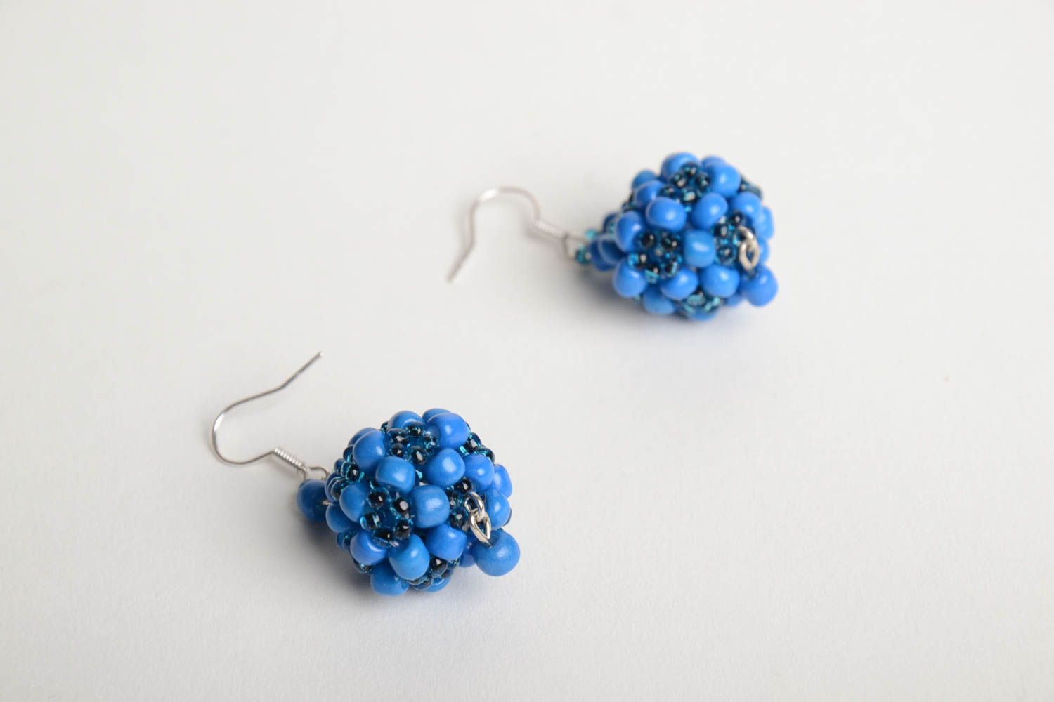Handmade designer ball shaped dangling earrings crocheted of blue Czech beads photo 4