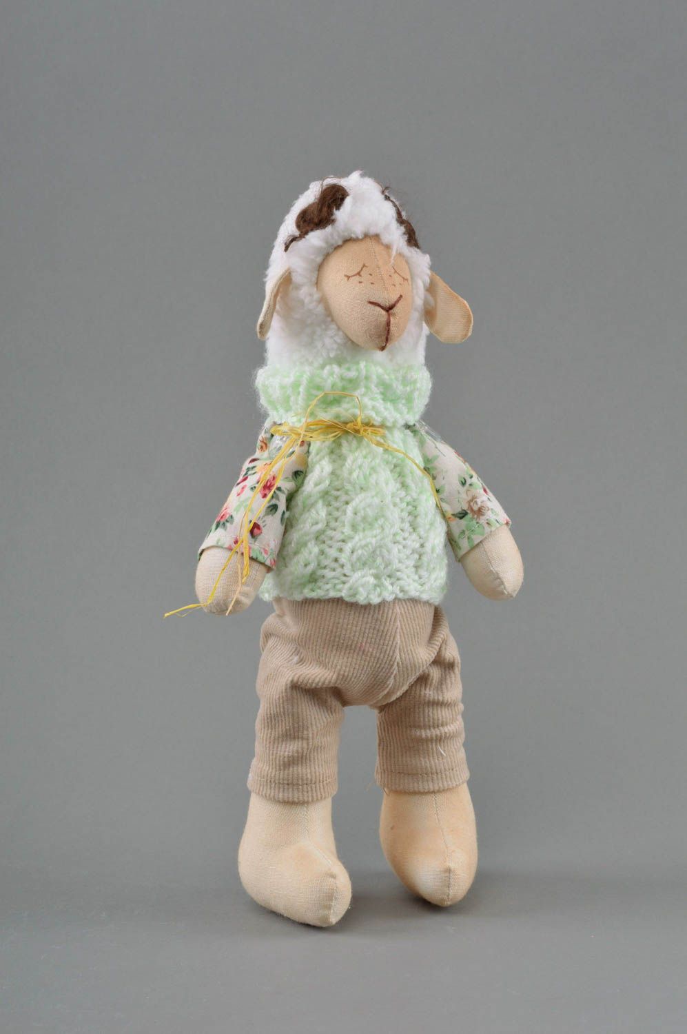 Soft toy lamb handmade stuffed toy in green jacket for kids and home decor photo 1