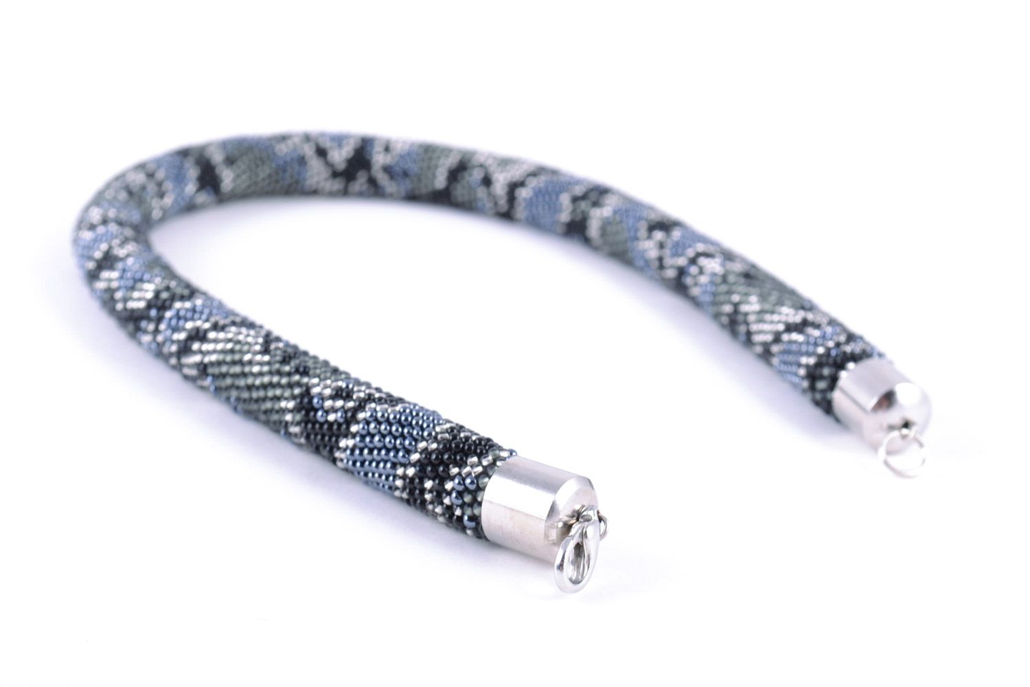 Beautiful gray handmade Czech bead cord necklace with snake print photo 5