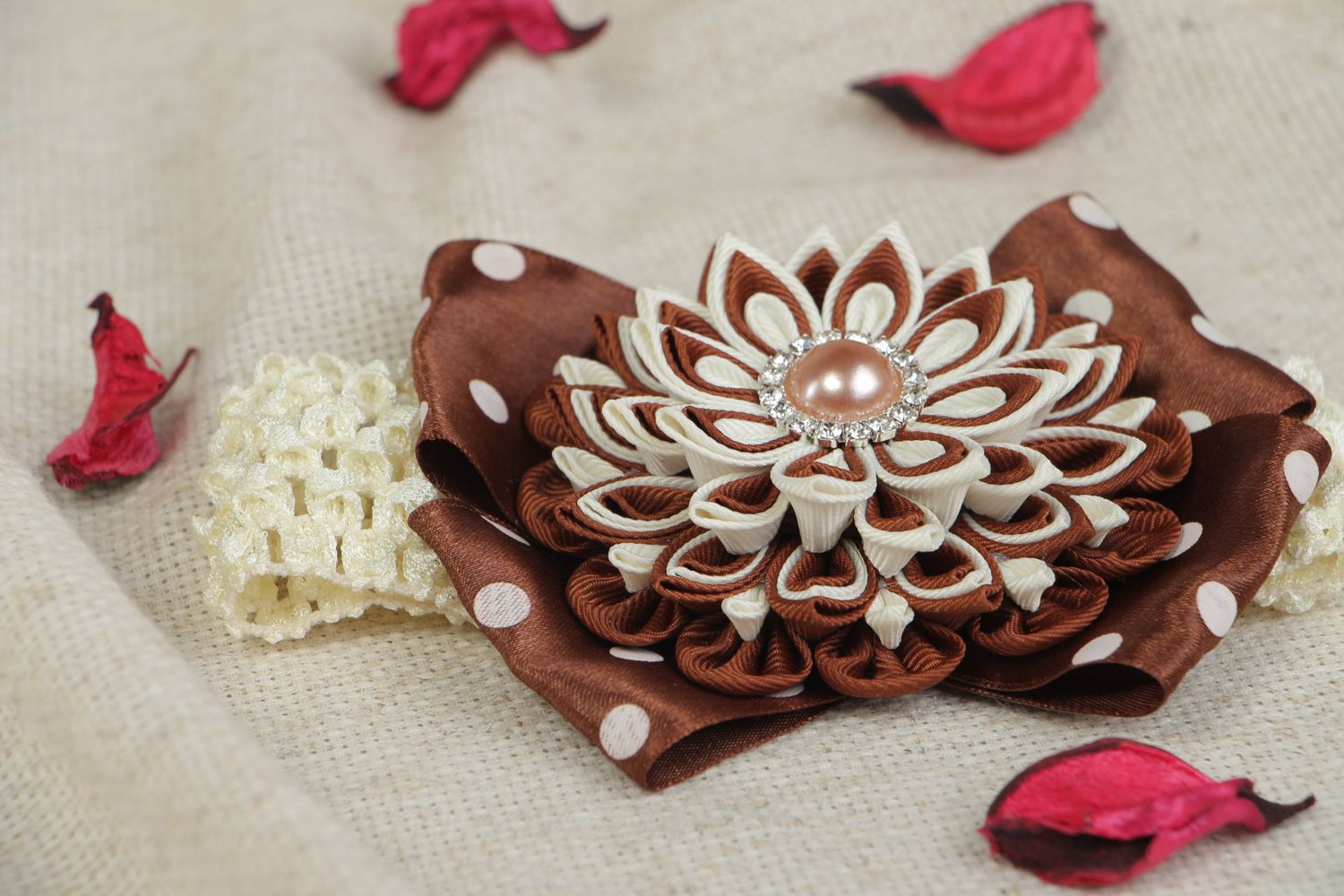 Designer handmade elastic headband with kanzashi flower of brown color  photo 5